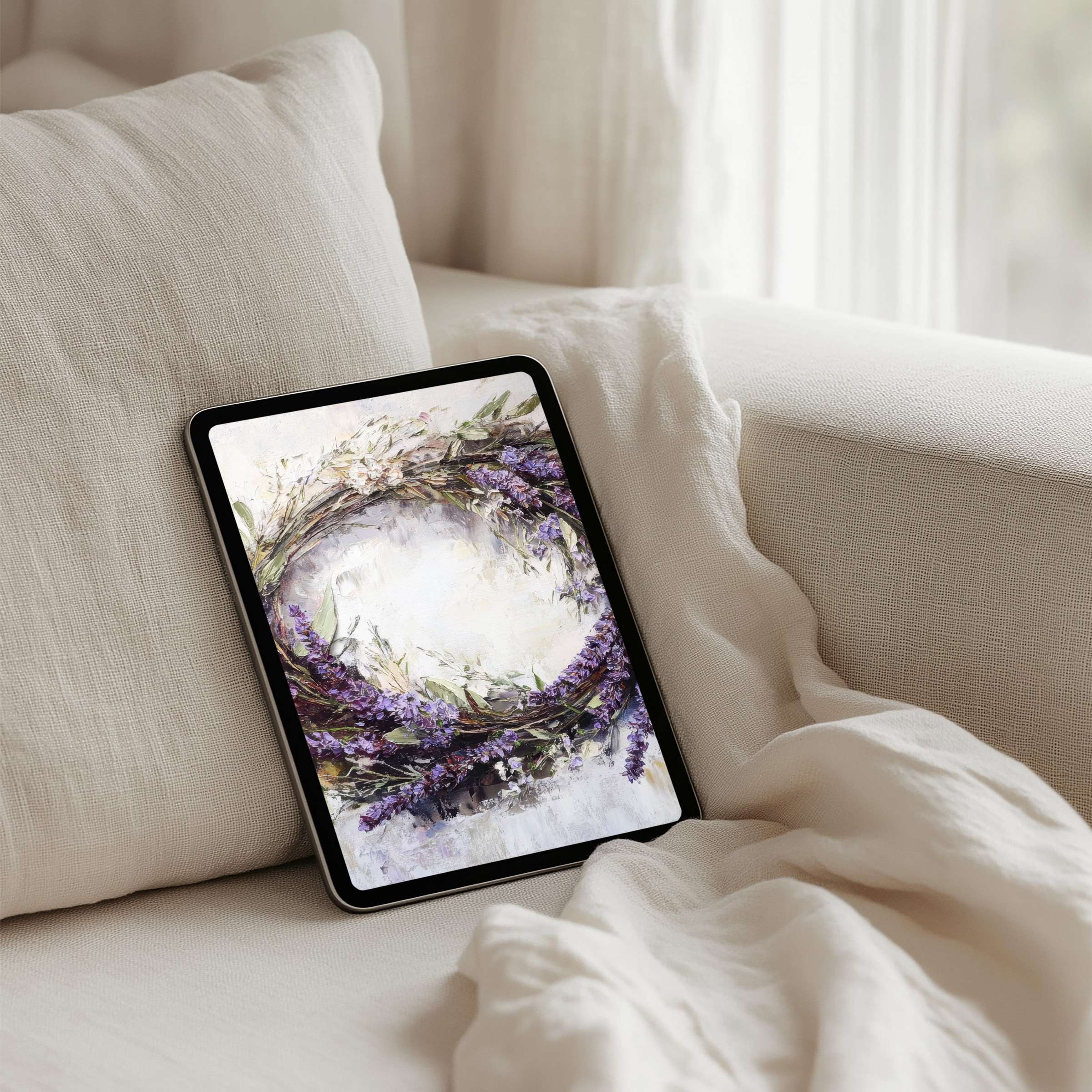 Elegant floral wreath iPad background for instant download on any tablet infusing calm inspiration into your digital space
