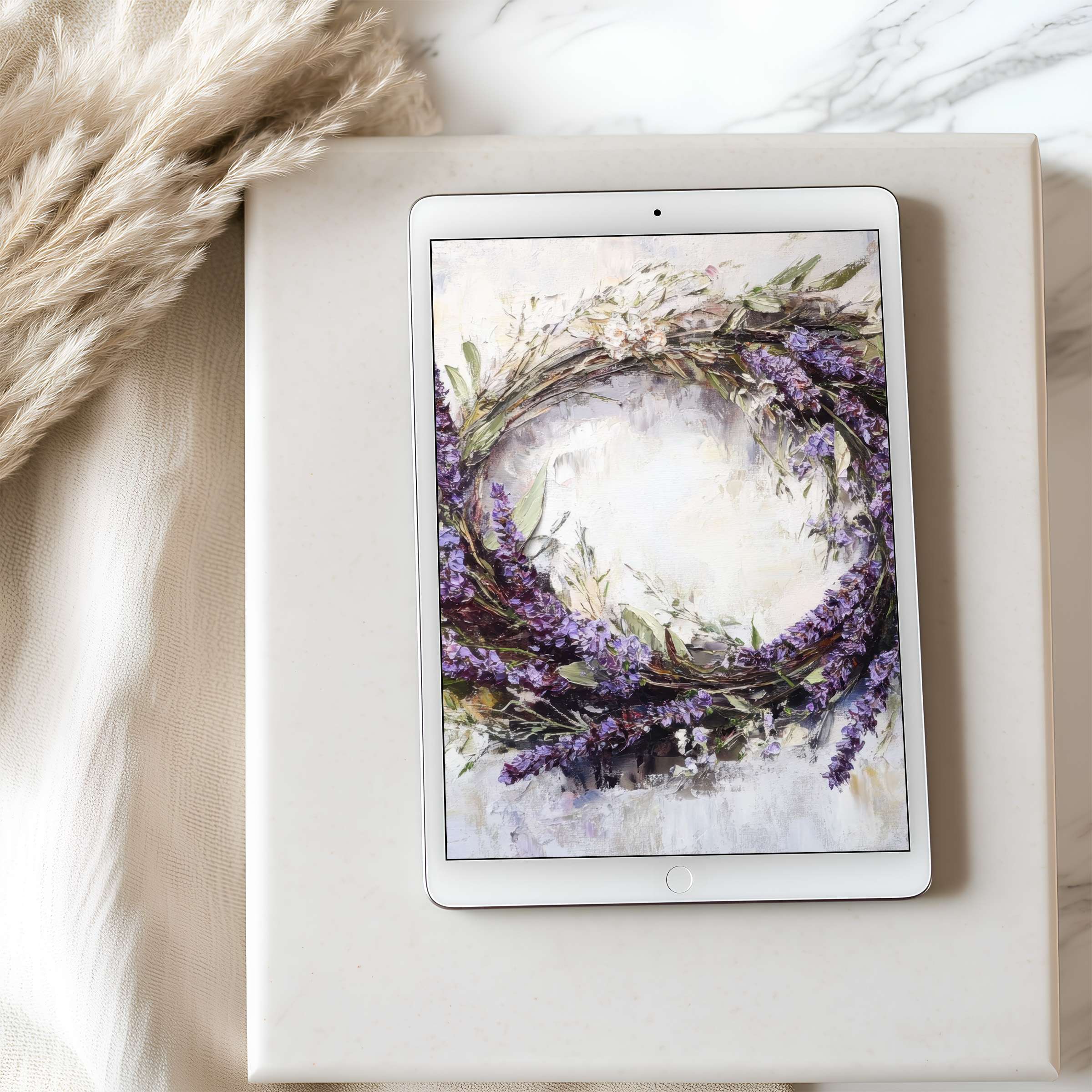 Elegant floral wreath tablet wallpaper in soft lavender and cream tones, perfect for iPad high resolution download, calming aesthetic