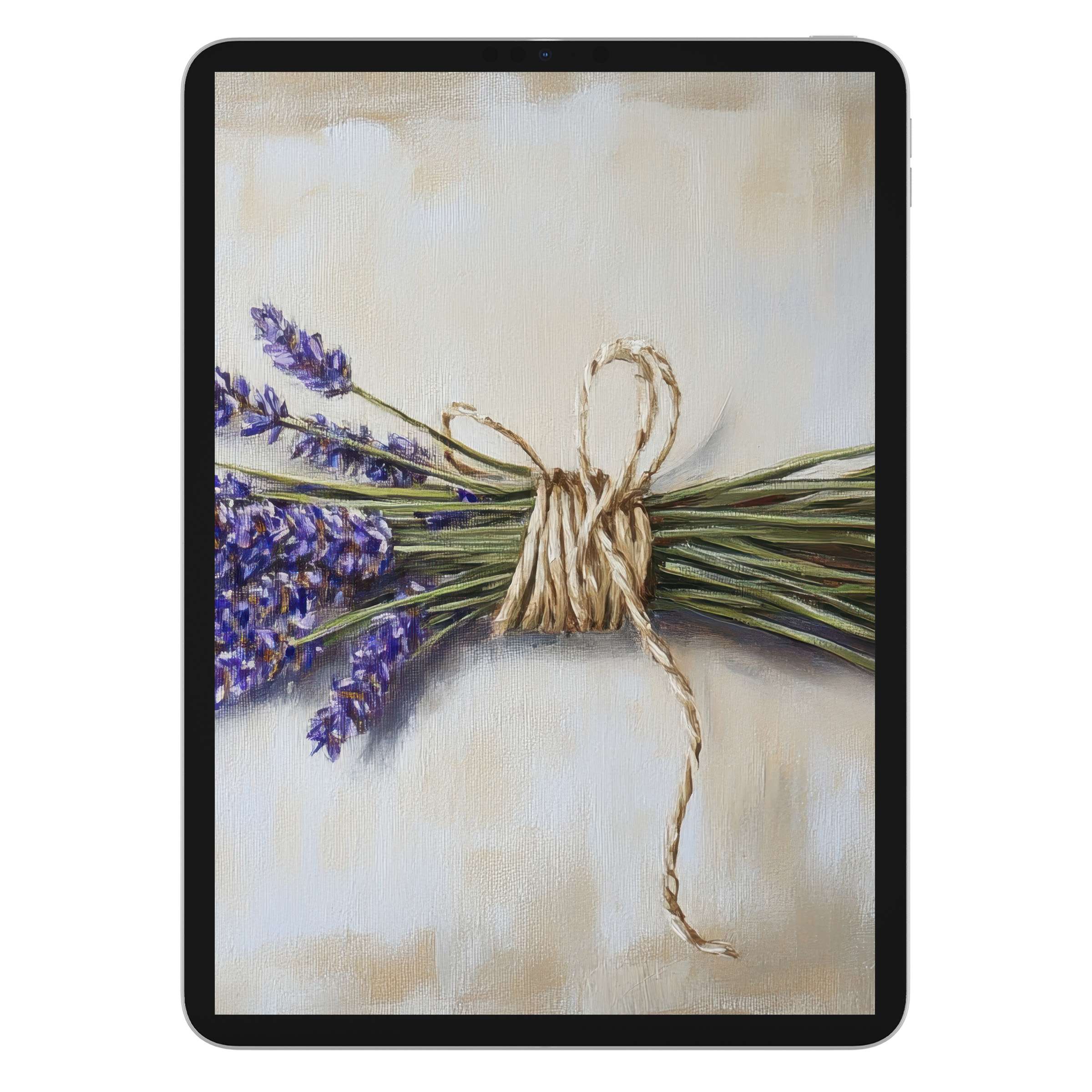 Elegant floral iPad wallpaper featuring hand-painted lavender tied with twine for calming digital download on any tablet background