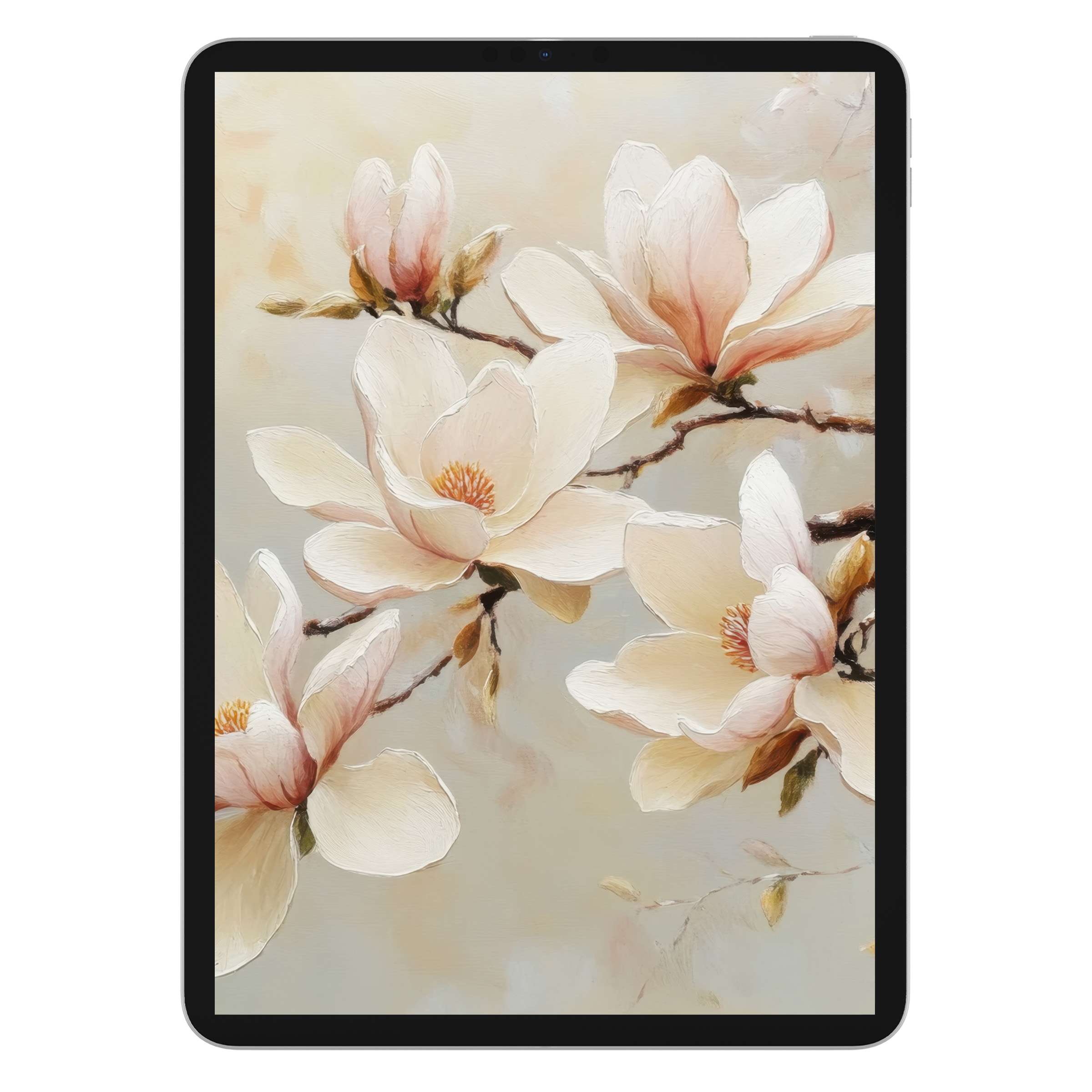 Elegant floral iPad wallpaper featuring delicate magnolia blossoms on a tranquil pastel background ideal for tablet digital download