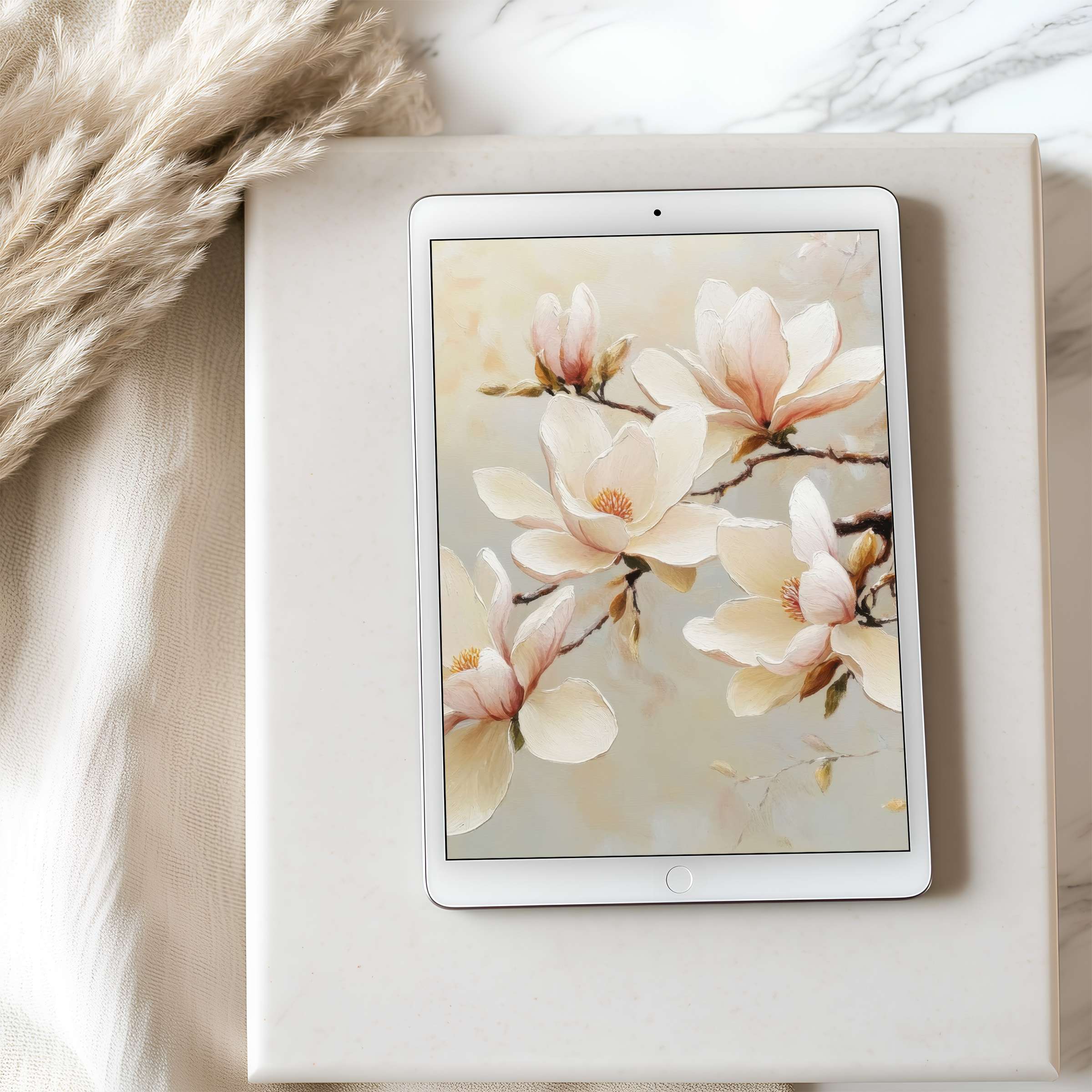 Elegant tablet wallpaper with soft magnolia blossoms in high resolution, offering calm for curated iPad or Android use, digital download