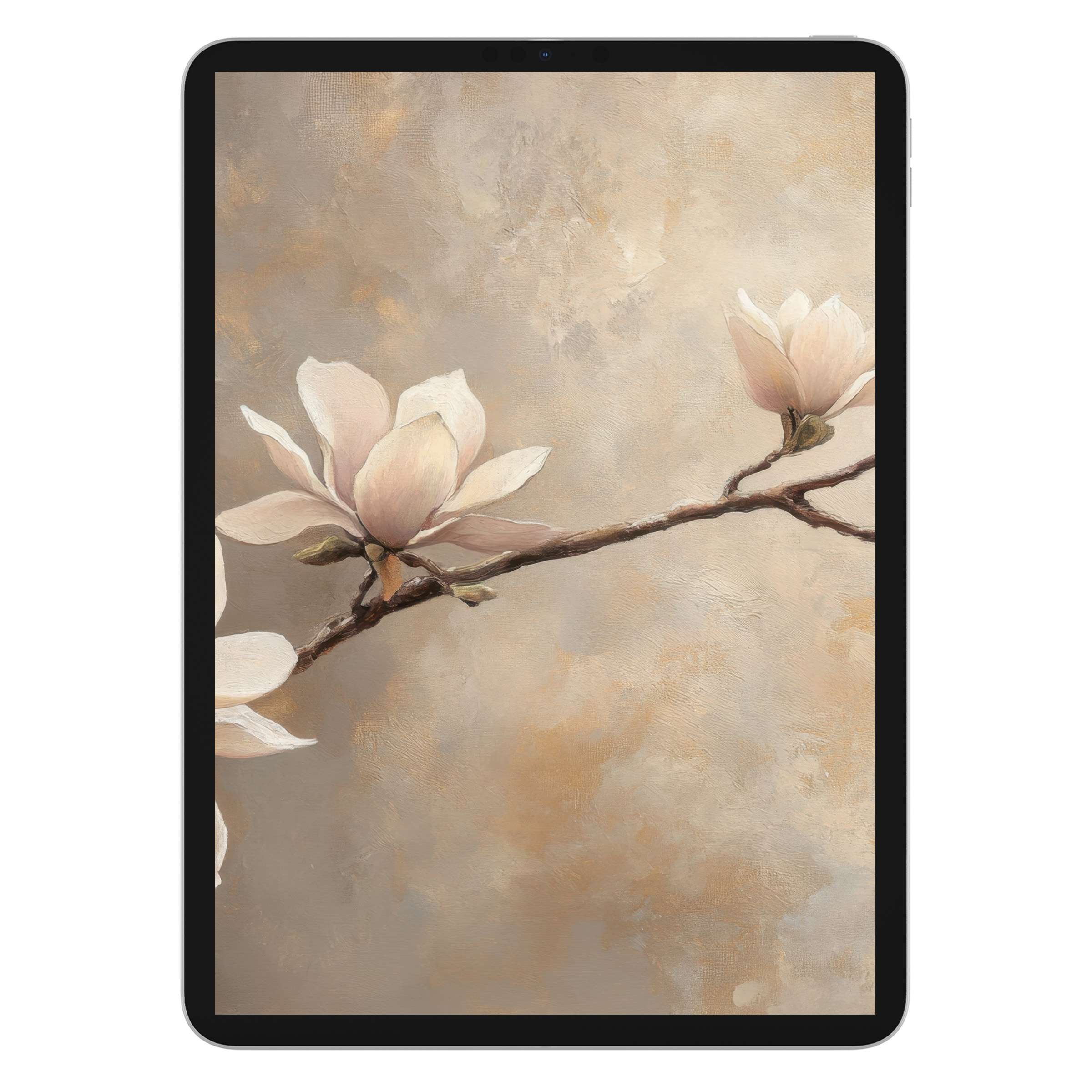 Elegant floral iPad wallpaper with soft pink magnolia on a muted background, perfect digital download for tablet serenity seekers