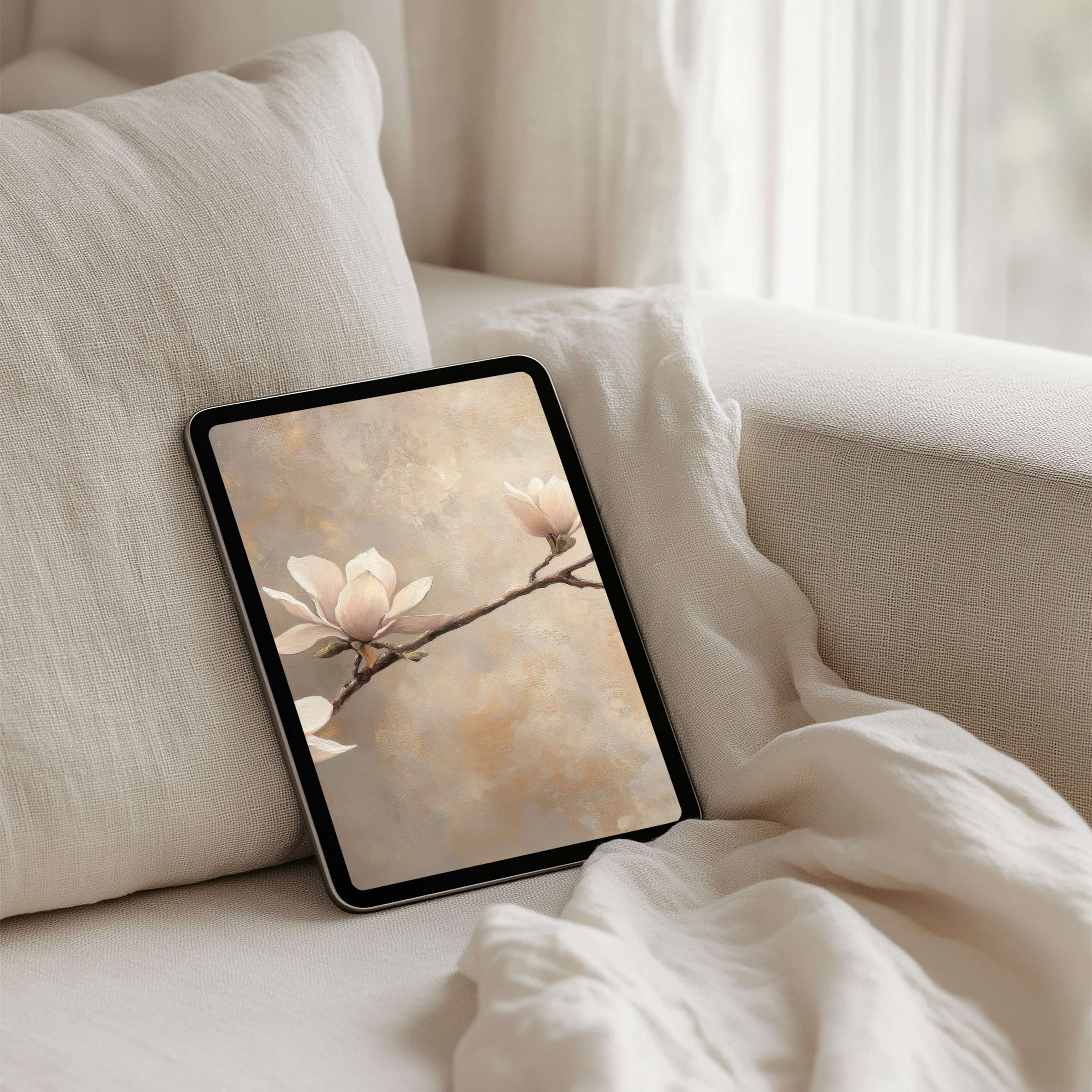 Elegant floral tablet art with soft beige tones offers calm inspiration for any iPad background instant download suitable for all tablets