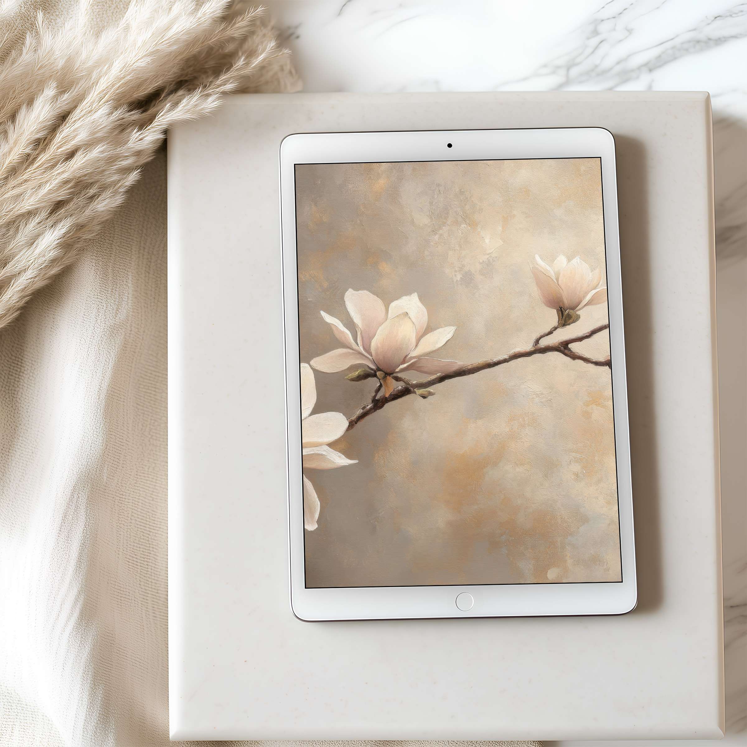Elegant magnolia blossom tablet wallpaper in soothing neutral hues, ideal for high-resolution digital download on iPad or Android