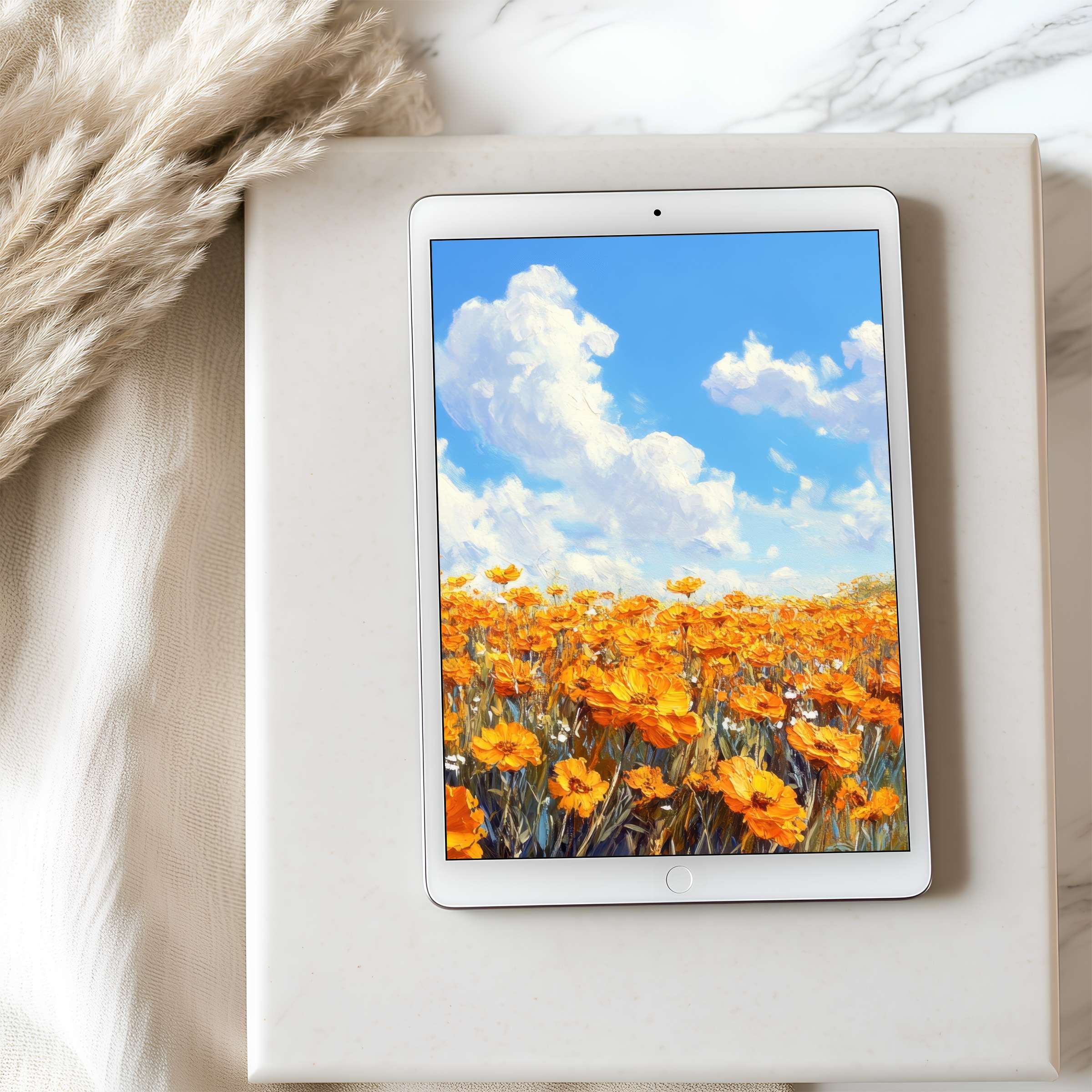 Elegant tablet wallpaper featuring vibrant orange floral field under blue sky, perfect high-resolution download for iPad or Android users