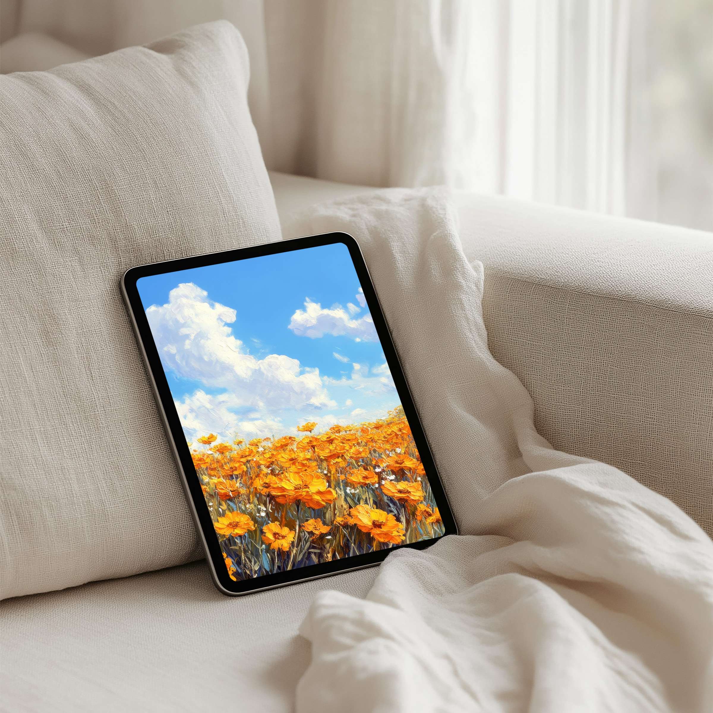 Elegant iPad background with a tranquil field of orange flowers under a serene blue sky for instant download on any tablet