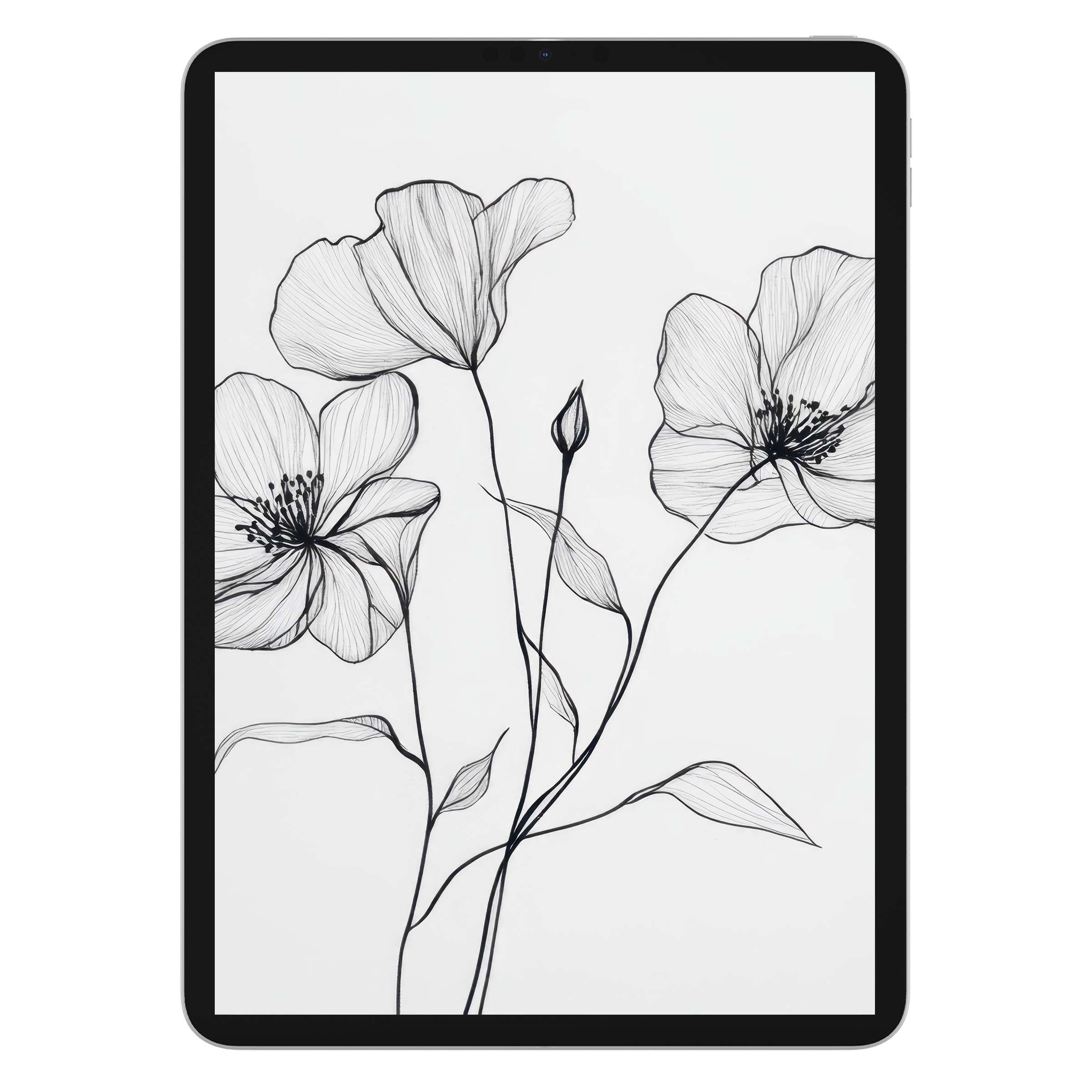 Elegant floral iPad wallpaper featuring delicate black line art on white background, perfect digital download for any tablet device