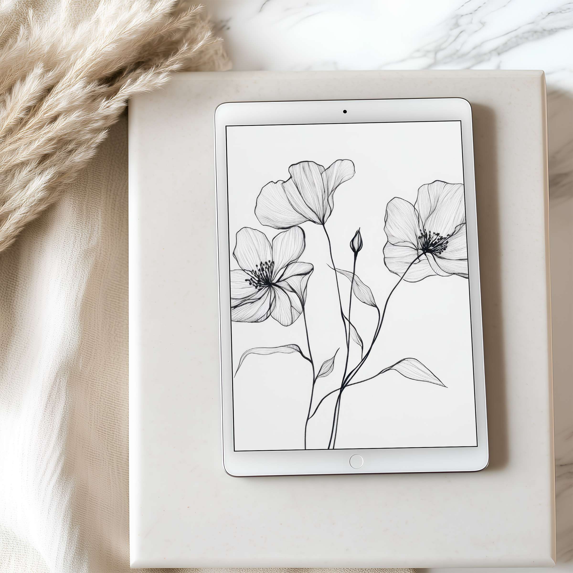 Elegant black and white floral art on a tablet wallpaper enhances calm interiors, perfect for high-resolution iPad or Android download