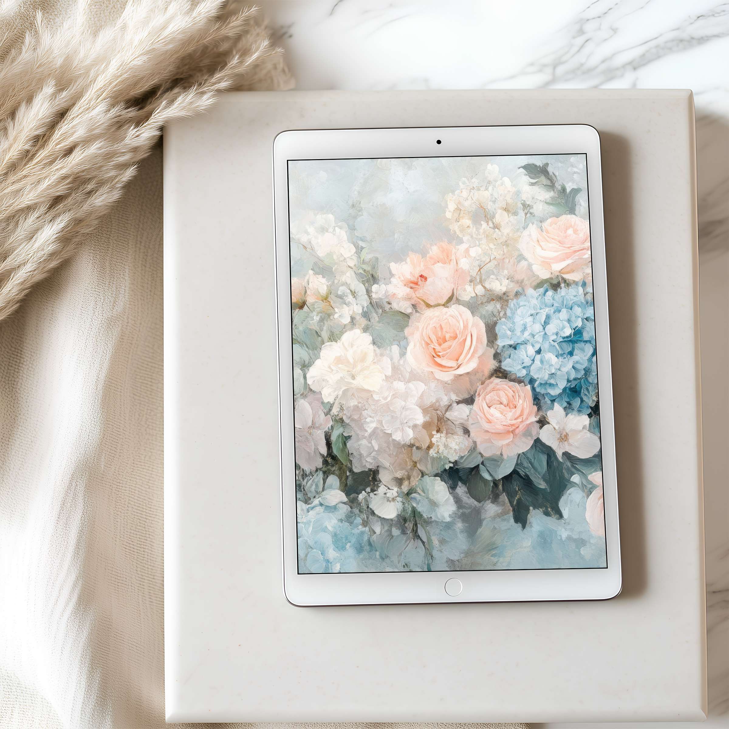 Elegant floral tablet wallpaper with pastel roses and hydrangeas offers high resolution for a serene digital download suitable for iPad