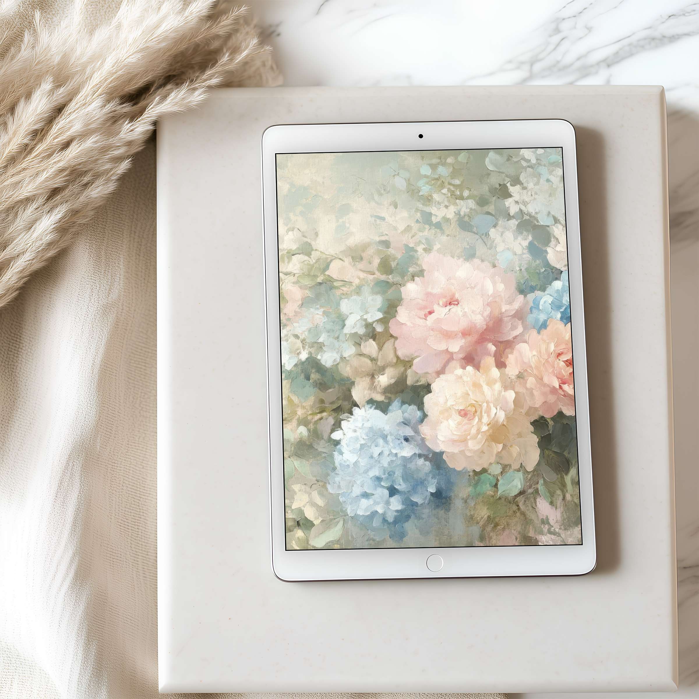 Elegant floral tablet wallpaper with soft pastel peonies and hydrangeas, perfect for iPad or Android tablets in high resolution download