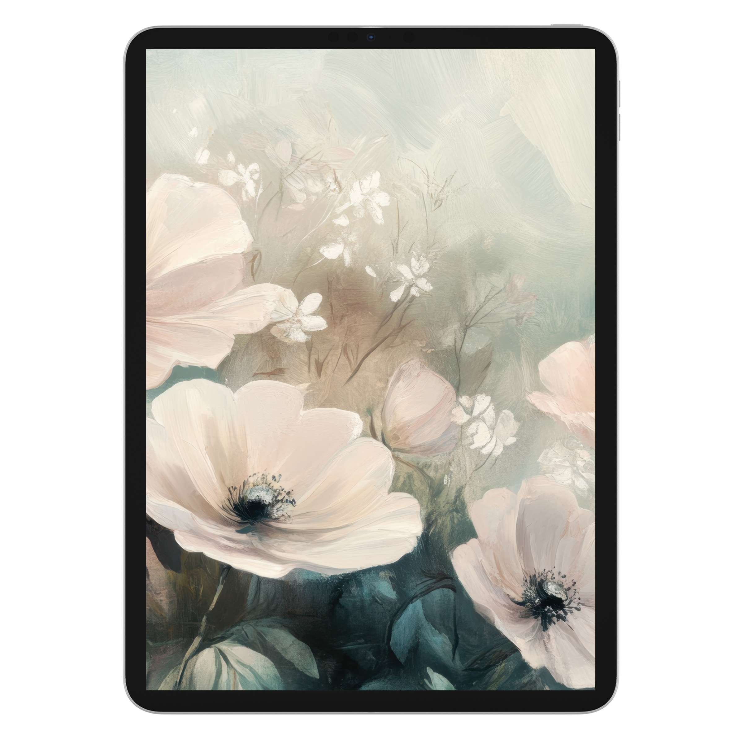 Elegant floral iPad wallpaper with soft pastel blooms offers a serene tablet background for digital download and conscious design lovers