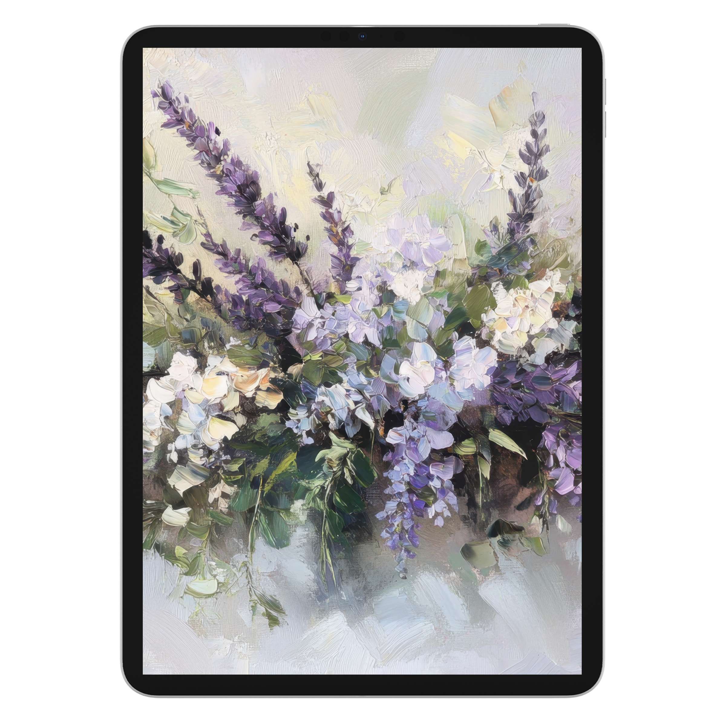 Elegant floral iPad wallpaper featuring lavender hues and soft brushstrokes, perfect digital download for serene tablet backgrounds