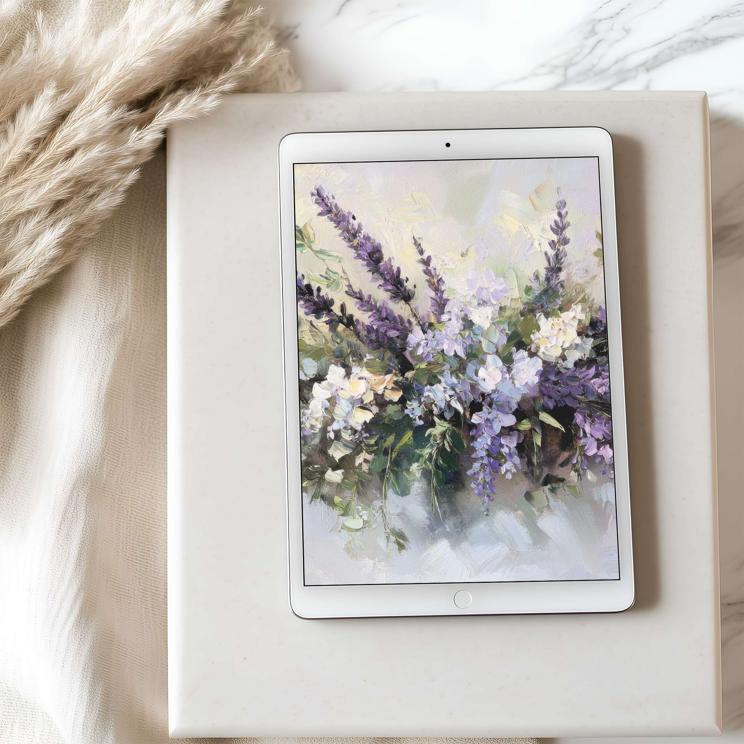 Elegant tablet wallpaper featuring soft floral watercolors in soothing purples and whites perfect for high-resolution digital downloads