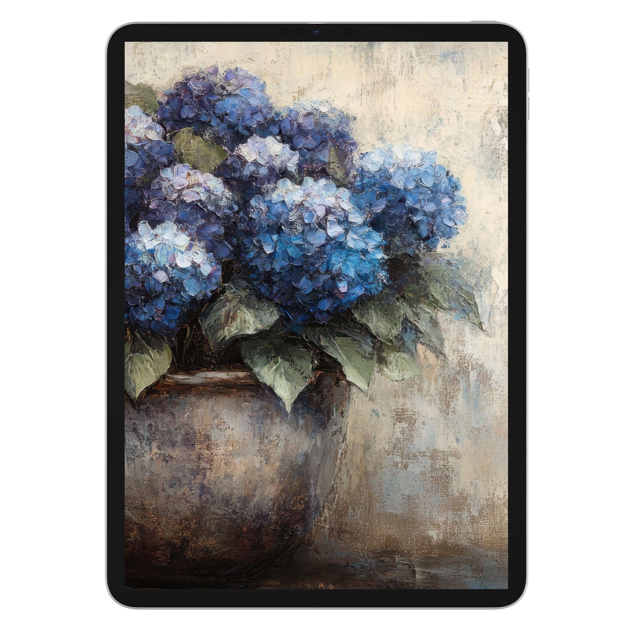 Elegant floral iPad wallpaper featuring blue hydrangeas in a textured vase, perfect digital download for tablet background serenity