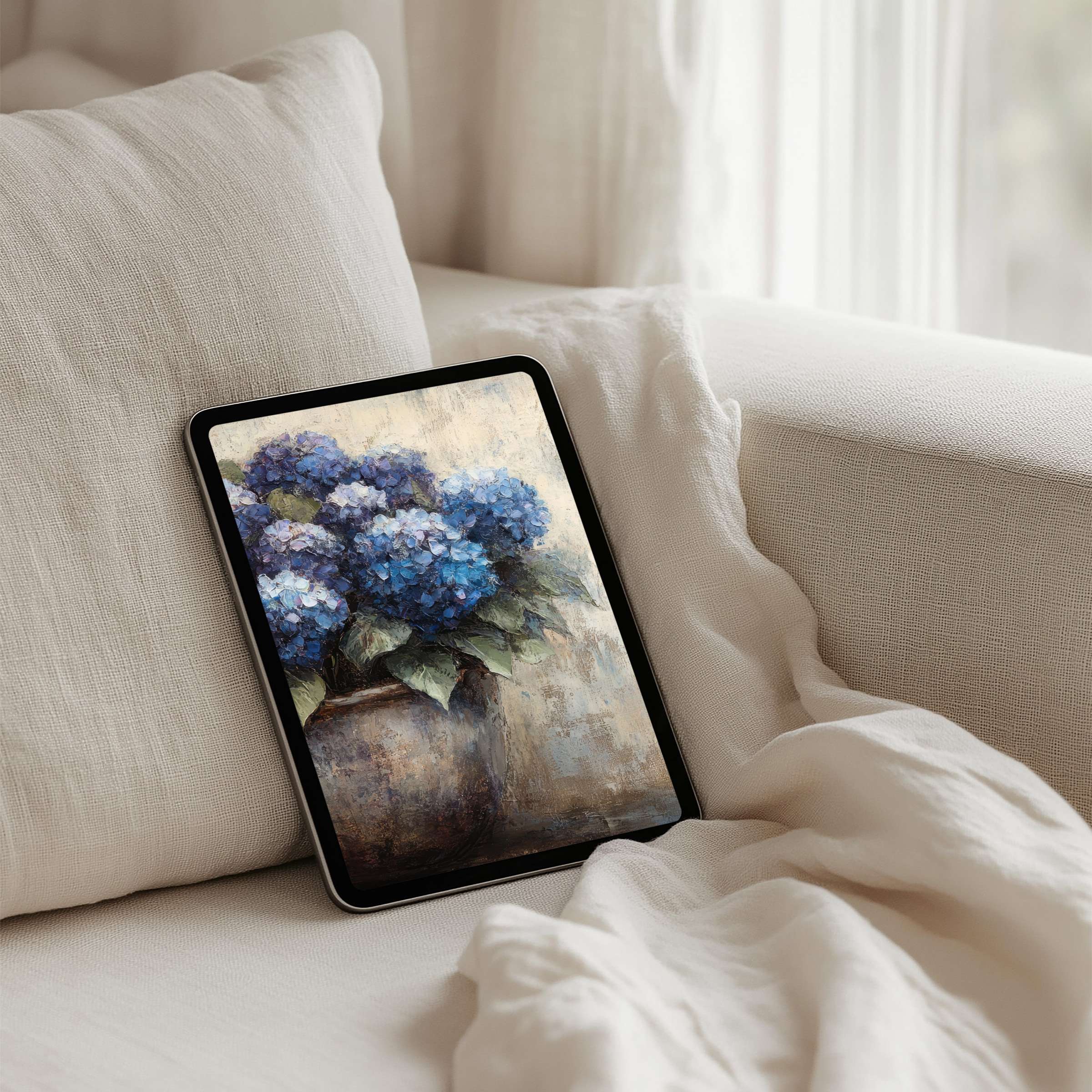 Tranquil watercolor hydrangeas create an elegant iPad background perfect for mindfulness on any tablet with instant download