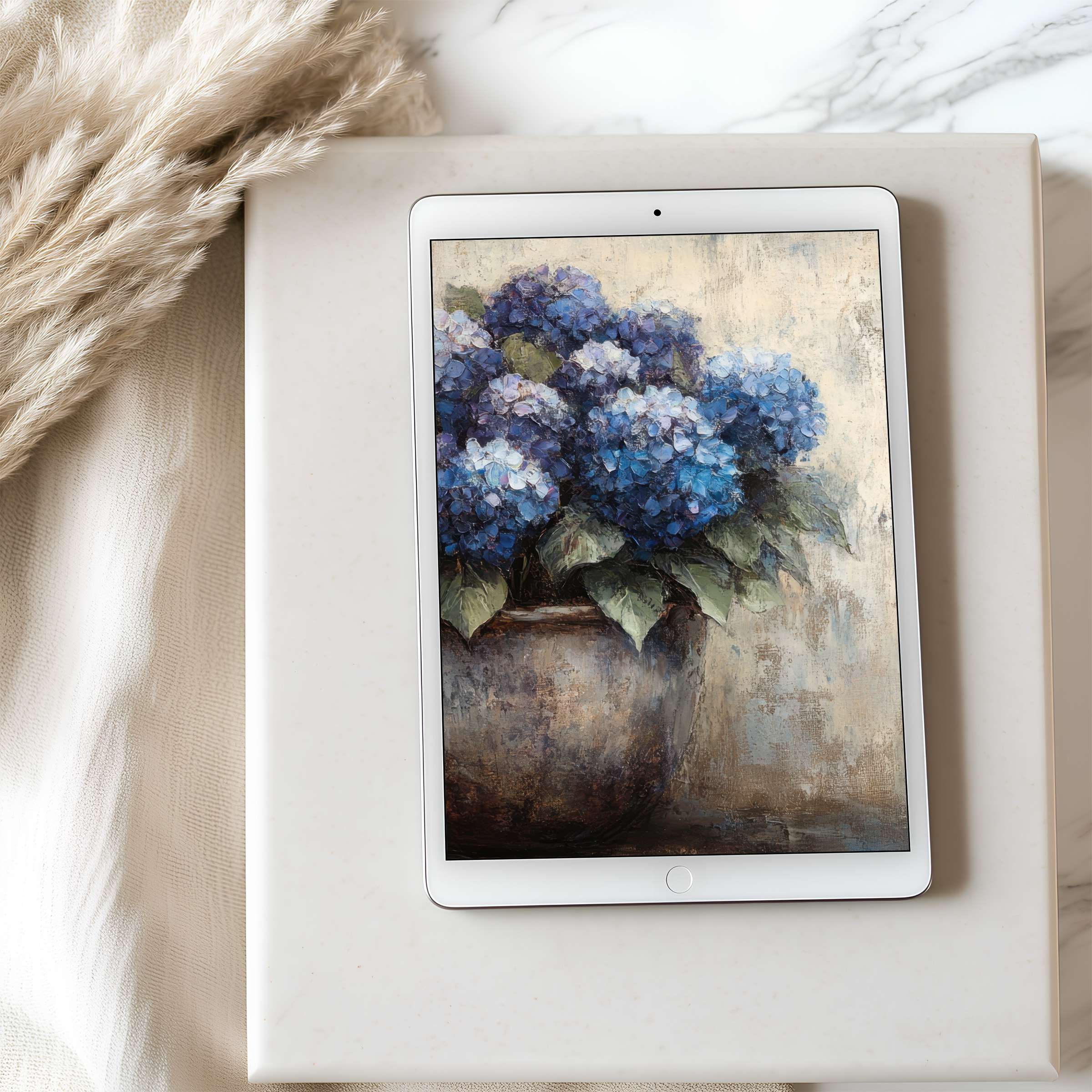 Elegant tablet wallpaper featuring high-resolution hydrangeas in soothing blue tones enhances any iPad or Android experience with downloadable art