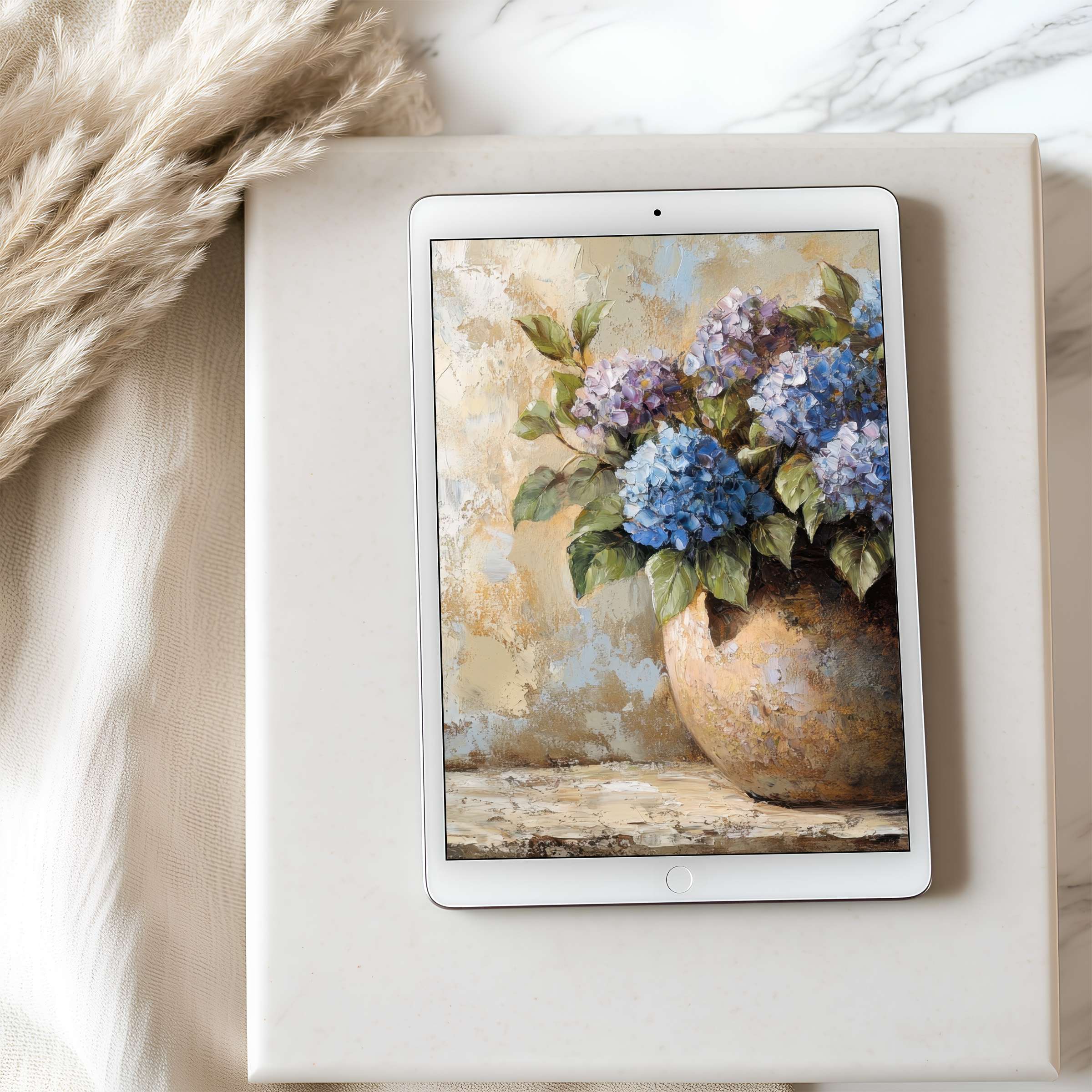 Elegant tablet wallpaper featuring pastel hydrangeas in a rustic vase painting perfect for iPad high resolution digital download