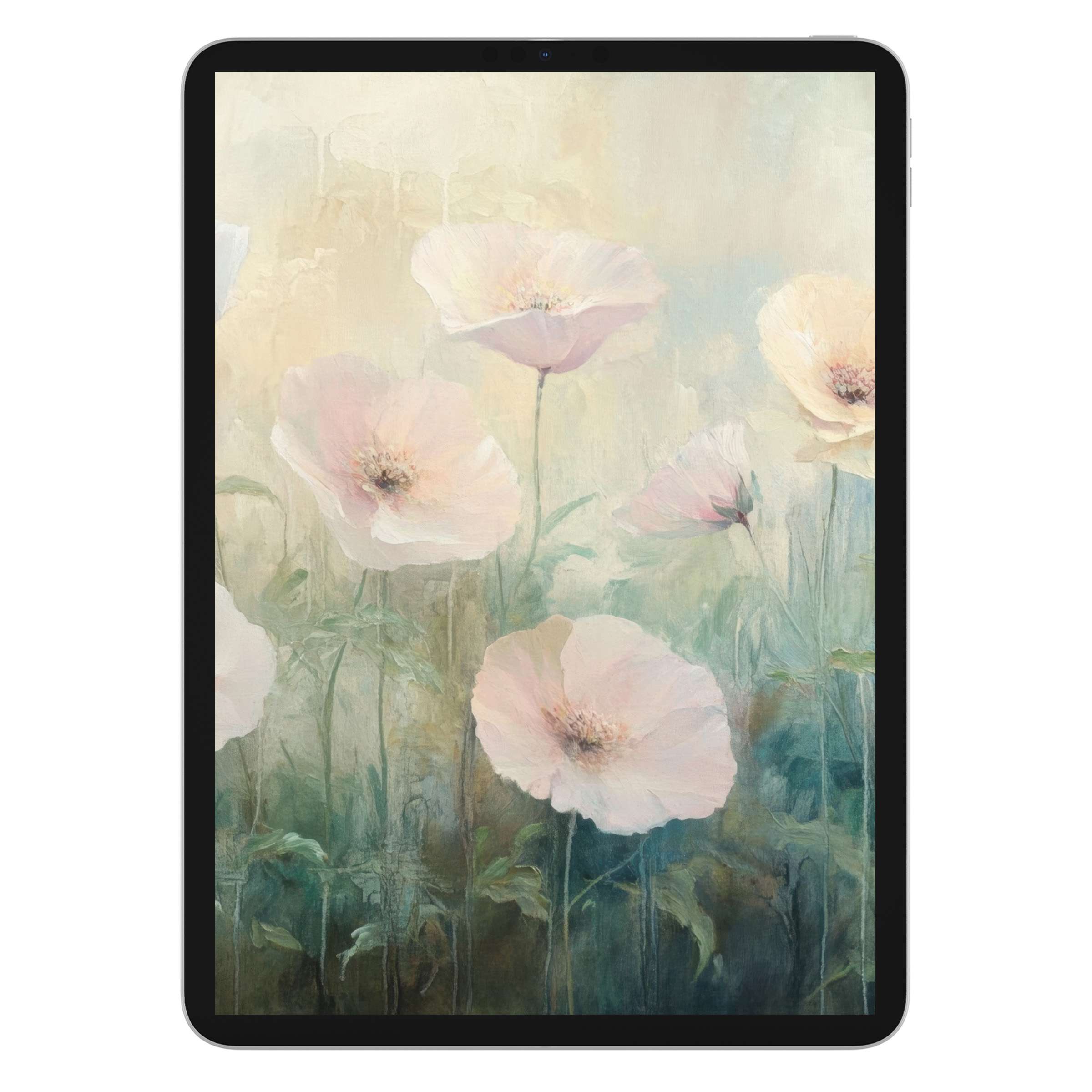 Elegant floral iPad wallpaper showcasing soft pastel flowers on a serene textured background ideal as a digital download for tablets