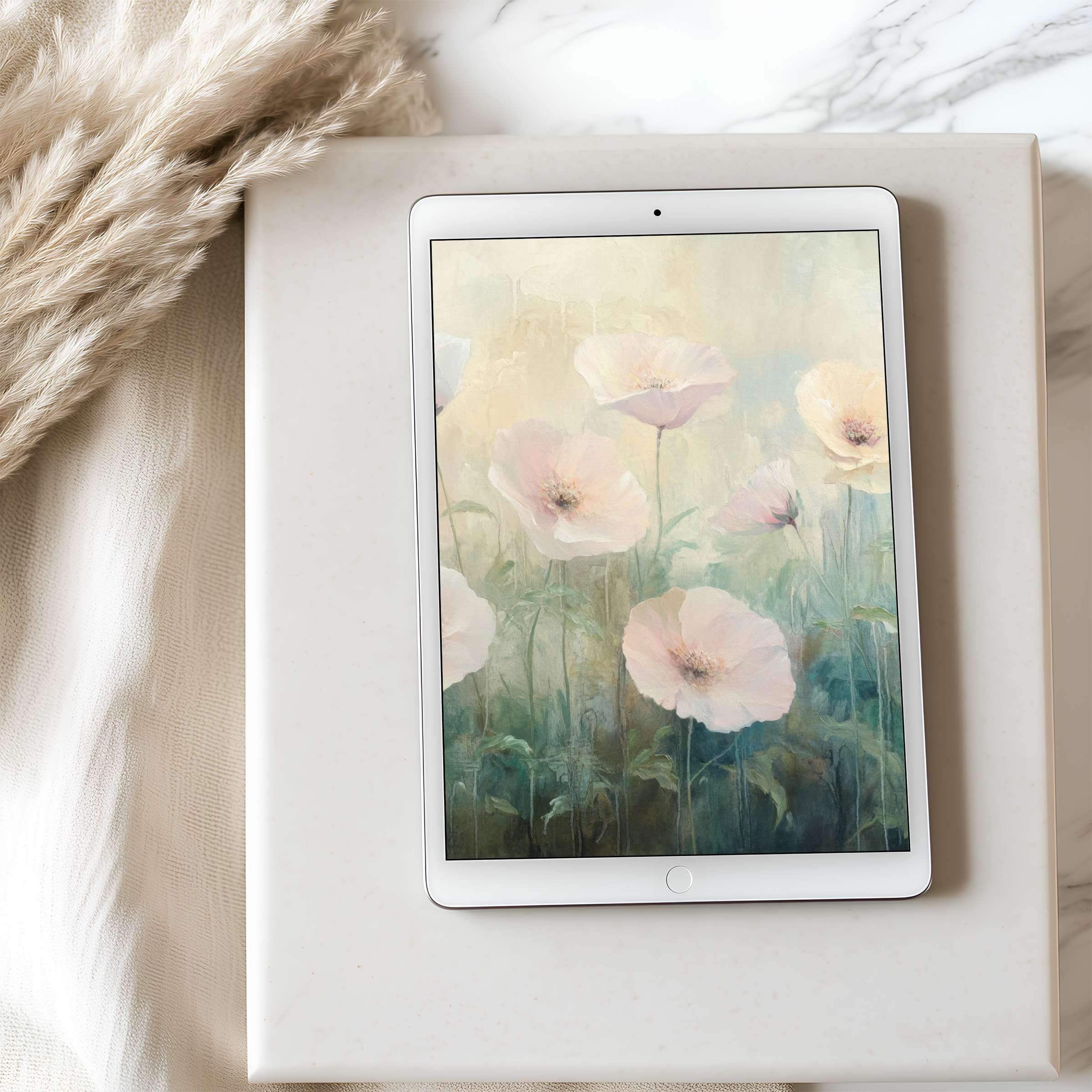 Serene tablet wallpaper with pastel flowers, perfect for iPad or Android, adds elegance and tranquility to your digital space high resolution