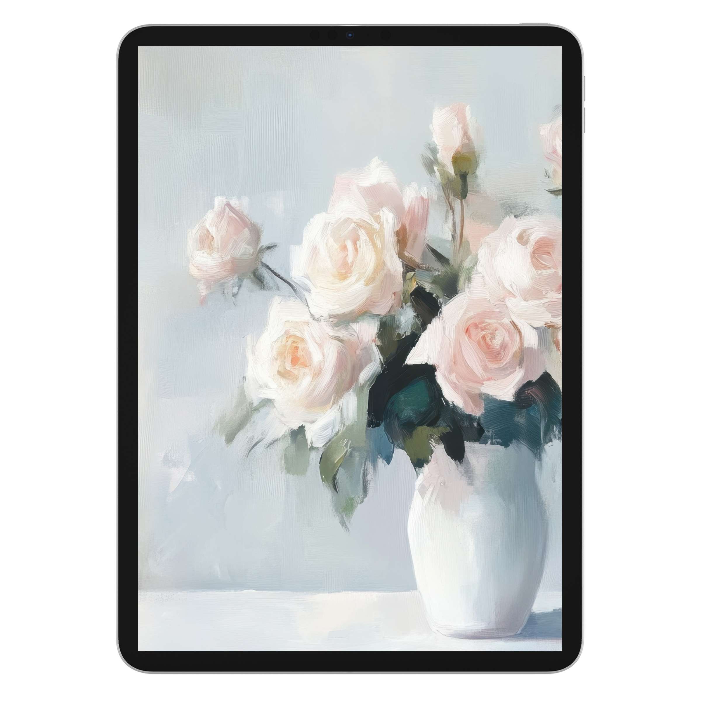 Elegant floral iPad wallpaper featuring soft pastel roses in a vase for a serene digital download tablet background ambiance