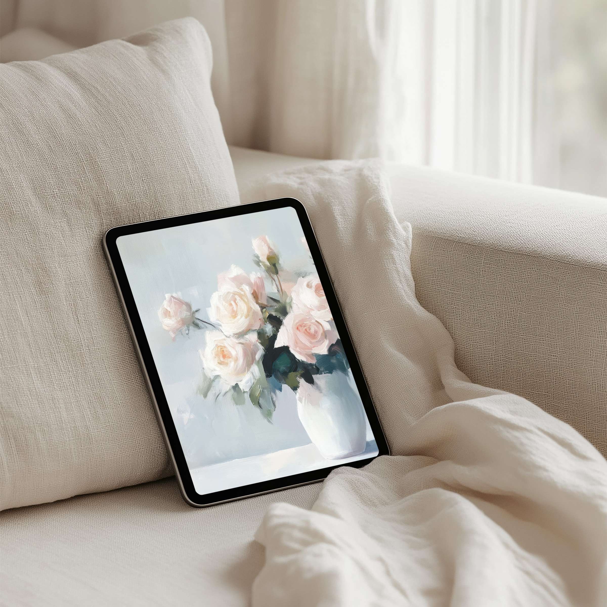 Elegant iPad background featuring soft roses in a painterly style offers instant download for seamless tablet inspiration and calm elegance