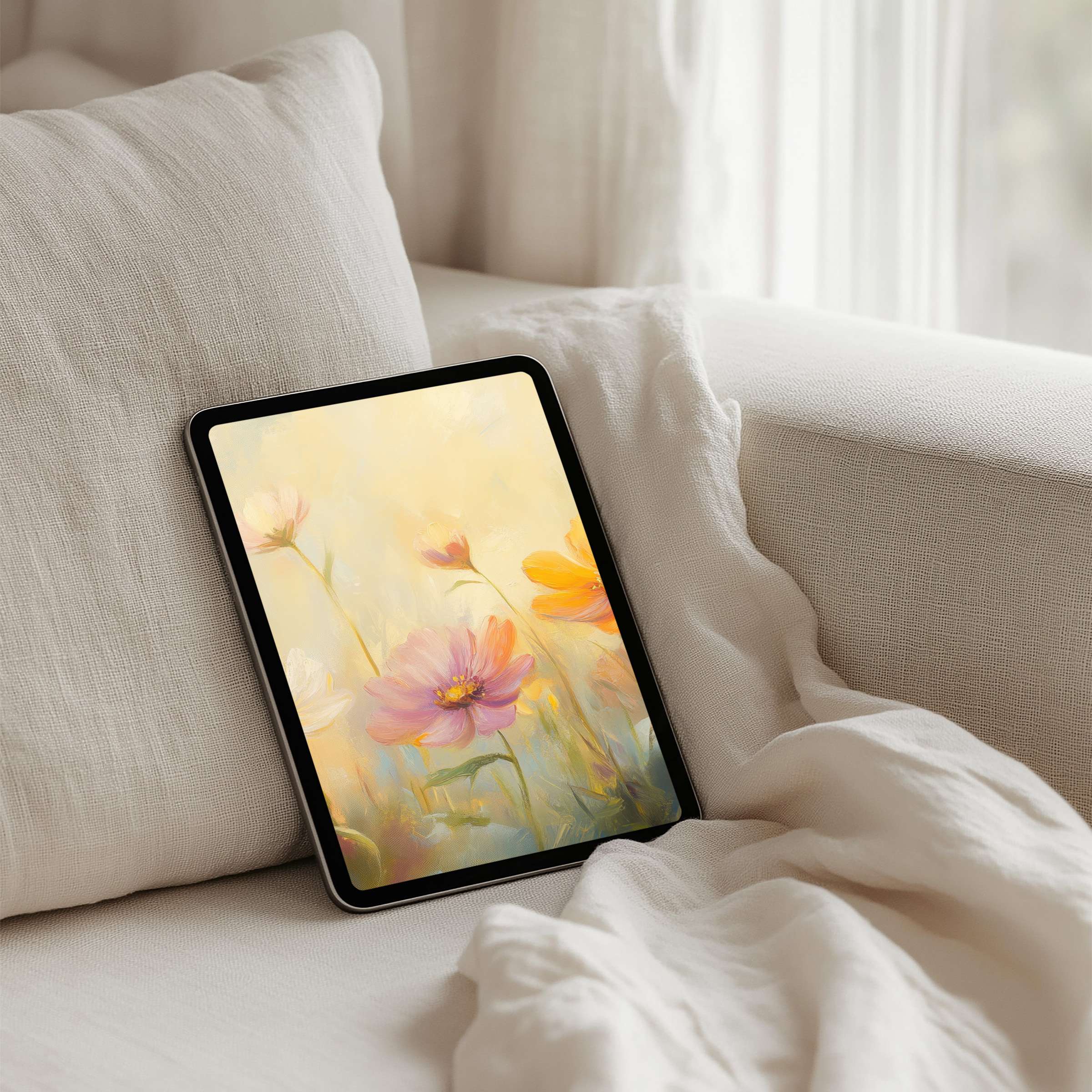 Soft pastel floral iPad background offers instant download for tablet, creating a calm, elegant atmosphere in your space
