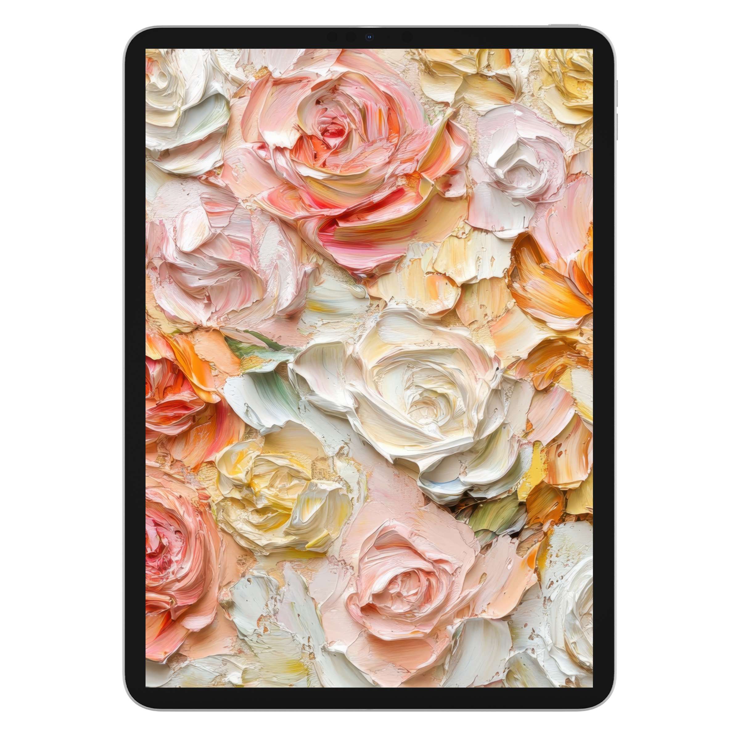 Floral iPad wallpaper with pastel roses in textured oil paint design offers a serene digital download for tablet background elegance