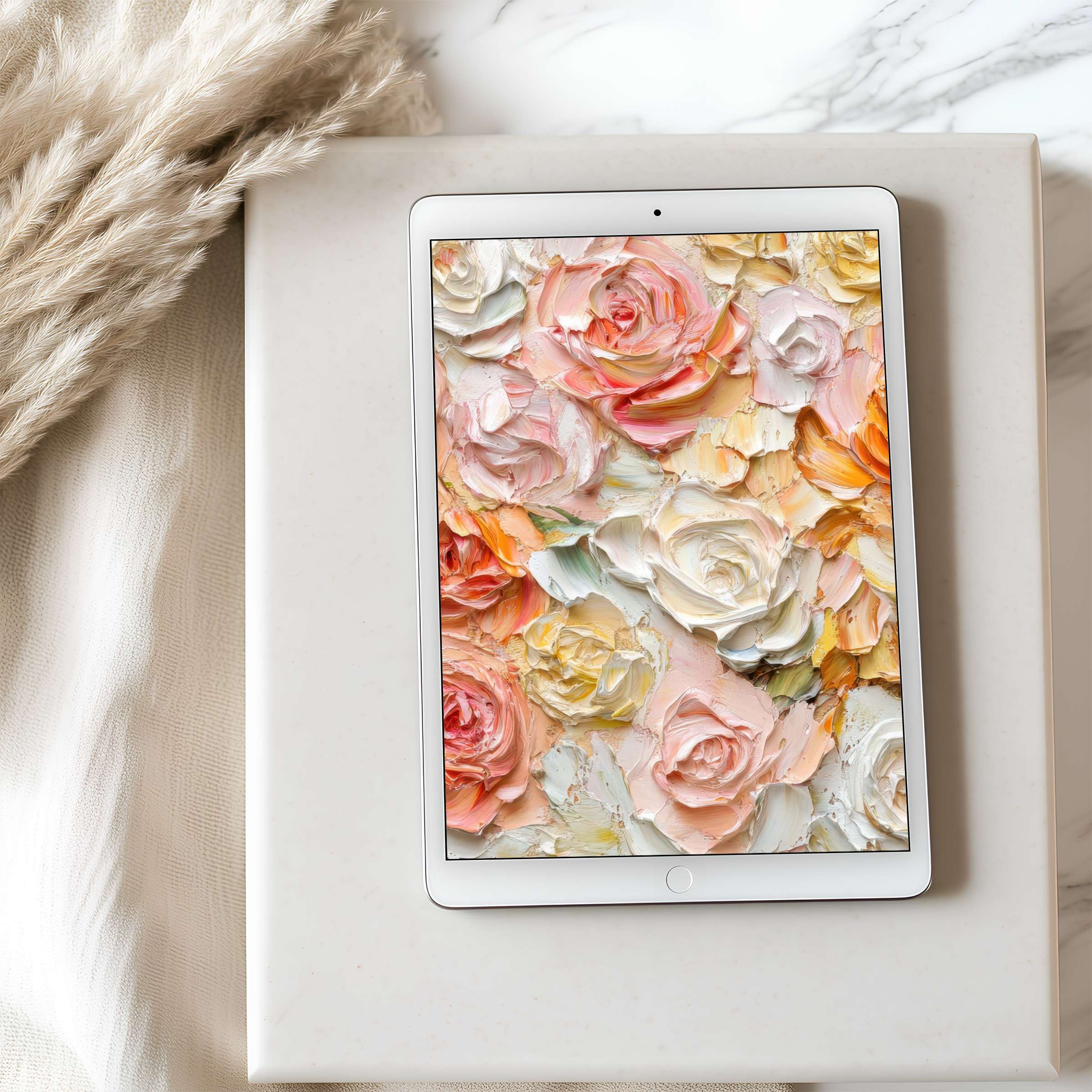Elegant tablet wallpaper featuring high-resolution, pastel rose textures creates a serene digital download for iPad and Android tablets
