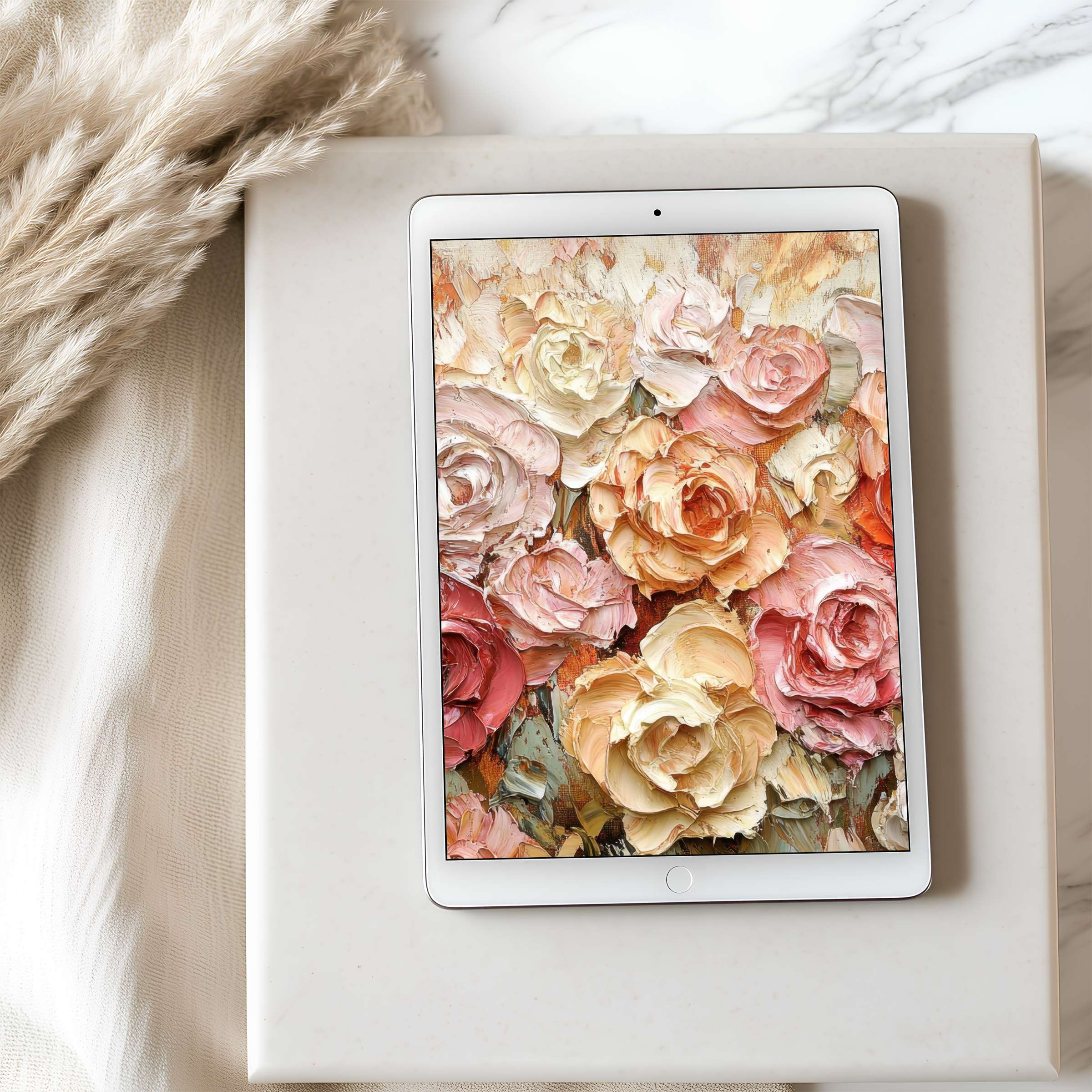 Elegant floral tablet wallpaper featuring textured roses in soft pastels, perfect for high-resolution iPad and Android digital download