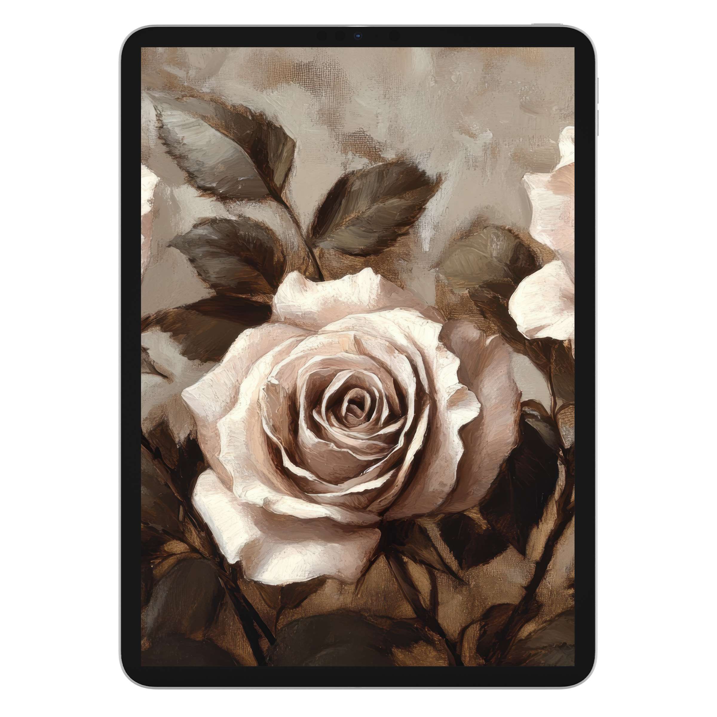 Elegant floral iPad wallpaper with vintage roses provides a calming background for tablets, available as a digital download for any device