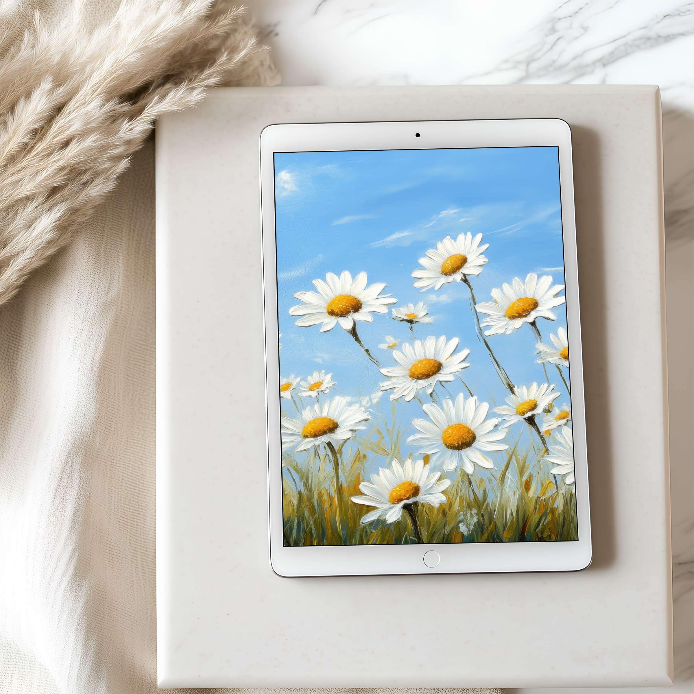 Elegant daisies on a blue sky background create a serene tablet wallpaper in high resolution, perfect for iPad and Android users