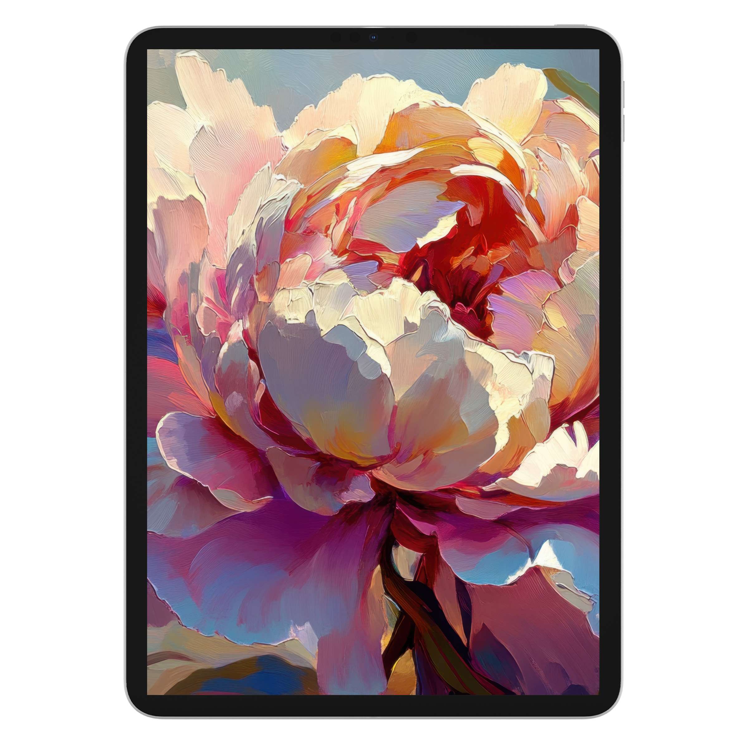 Vibrant floral iPad wallpaper featuring a lush peony painting, perfect digital download for an elegant tablet background upgrade