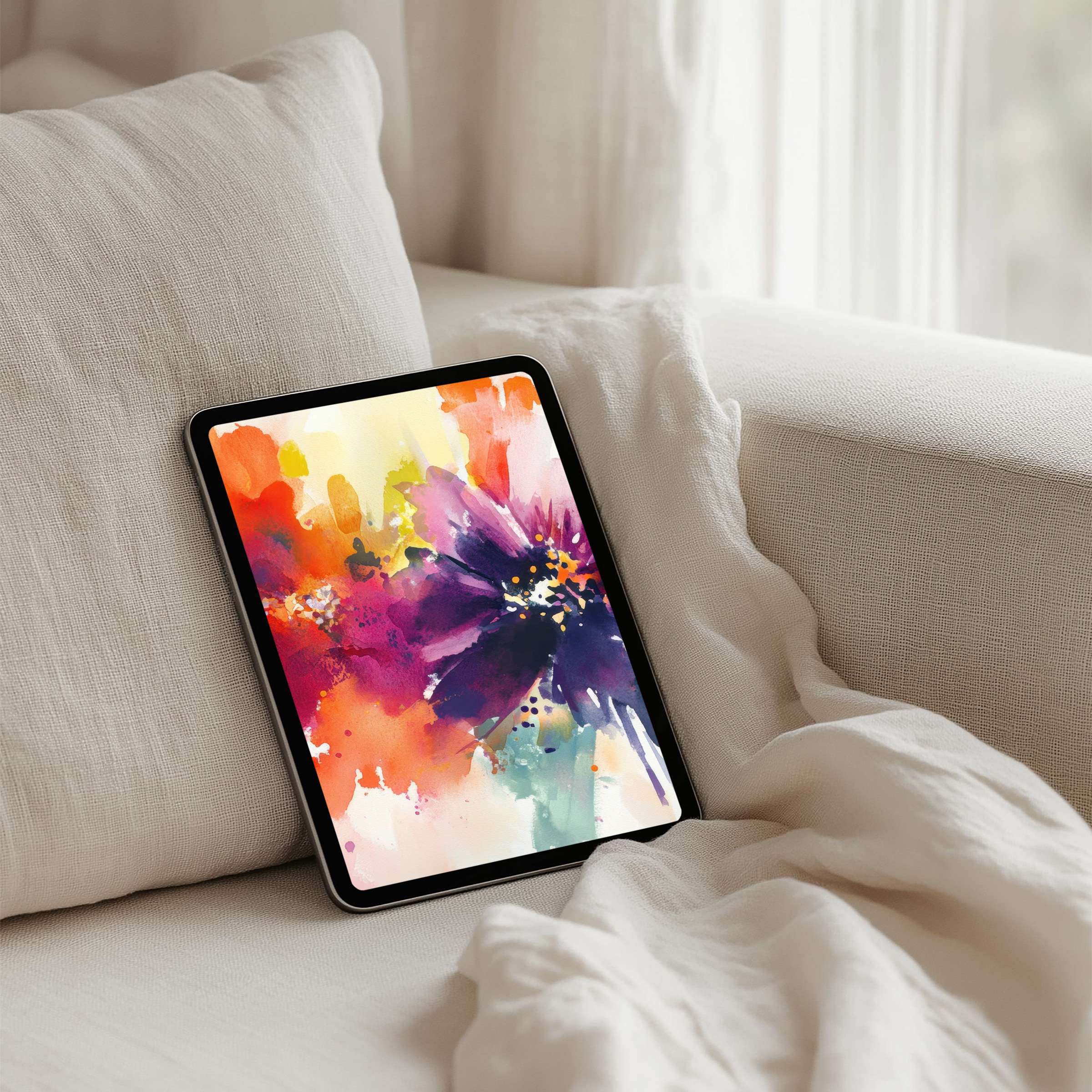 Colorful floral watercolor iPad background for instant download, perfect for tablets, inspiring calm and elegant interior aesthetics