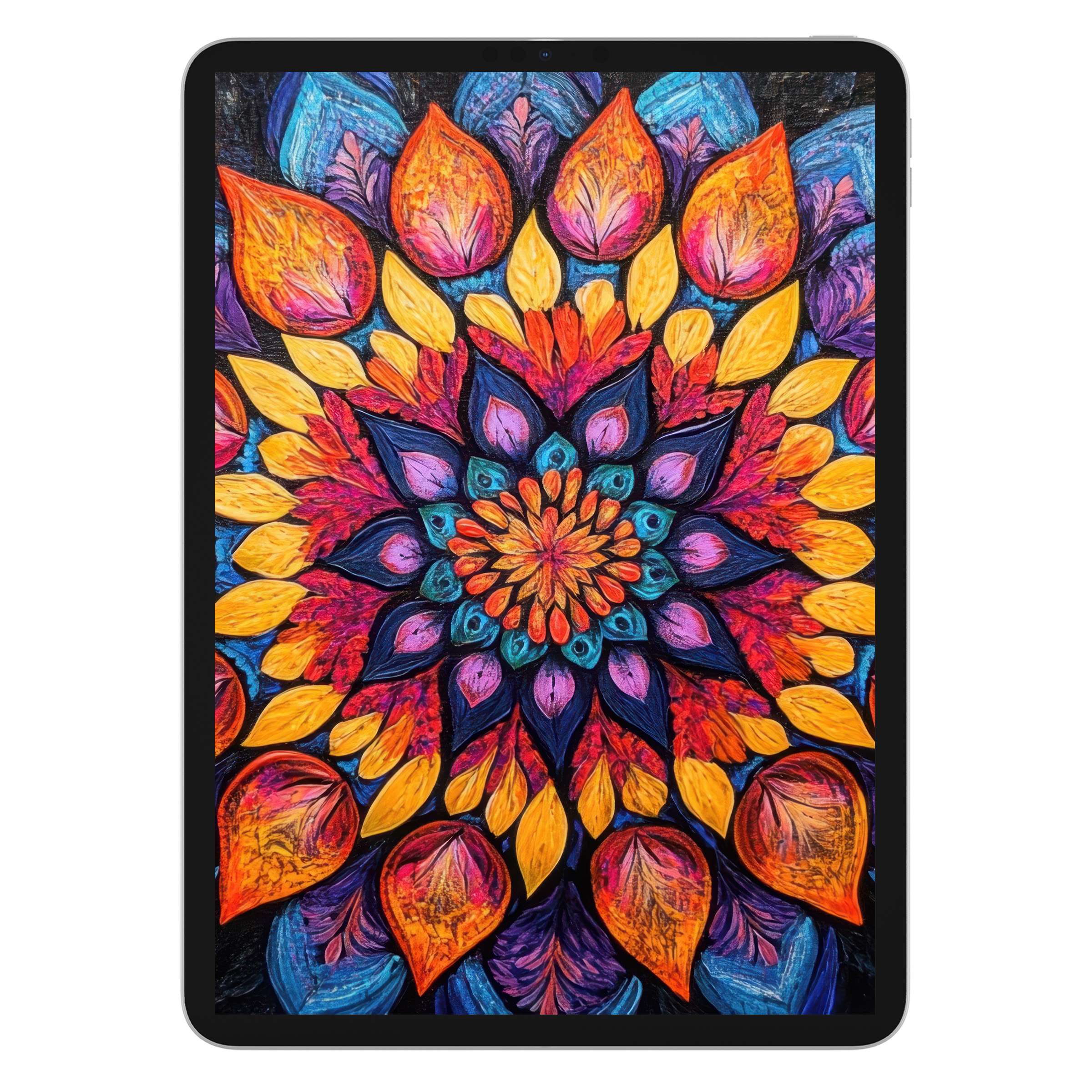 Vibrant floral iPad wallpaper with intricate mandala design, perfect digital download background for Apple or Android tablet users seeking calm aesthetics