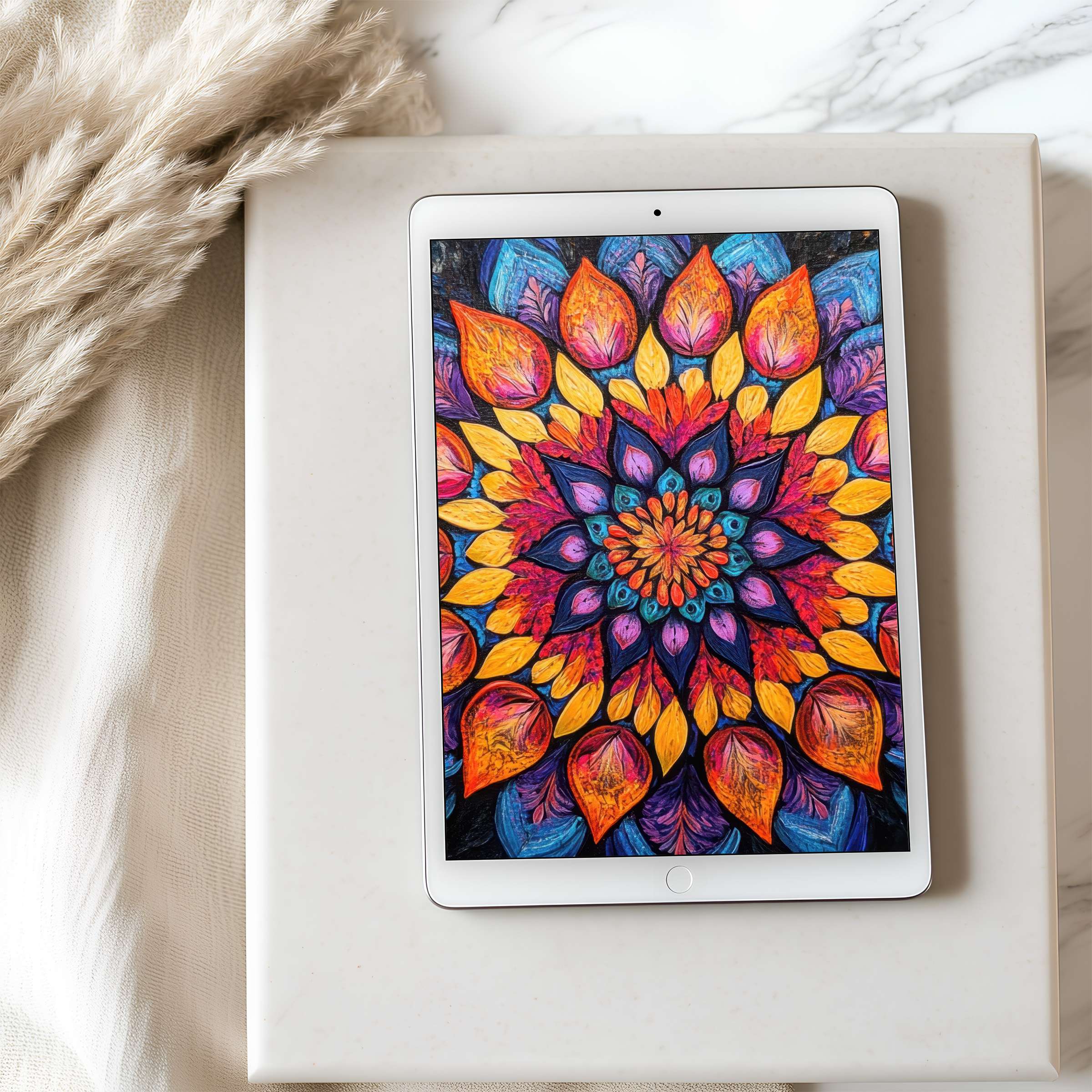 Vibrant mandala design tablet wallpaper enhances serenity and style in any space, perfect for iPad, high resolution download available
