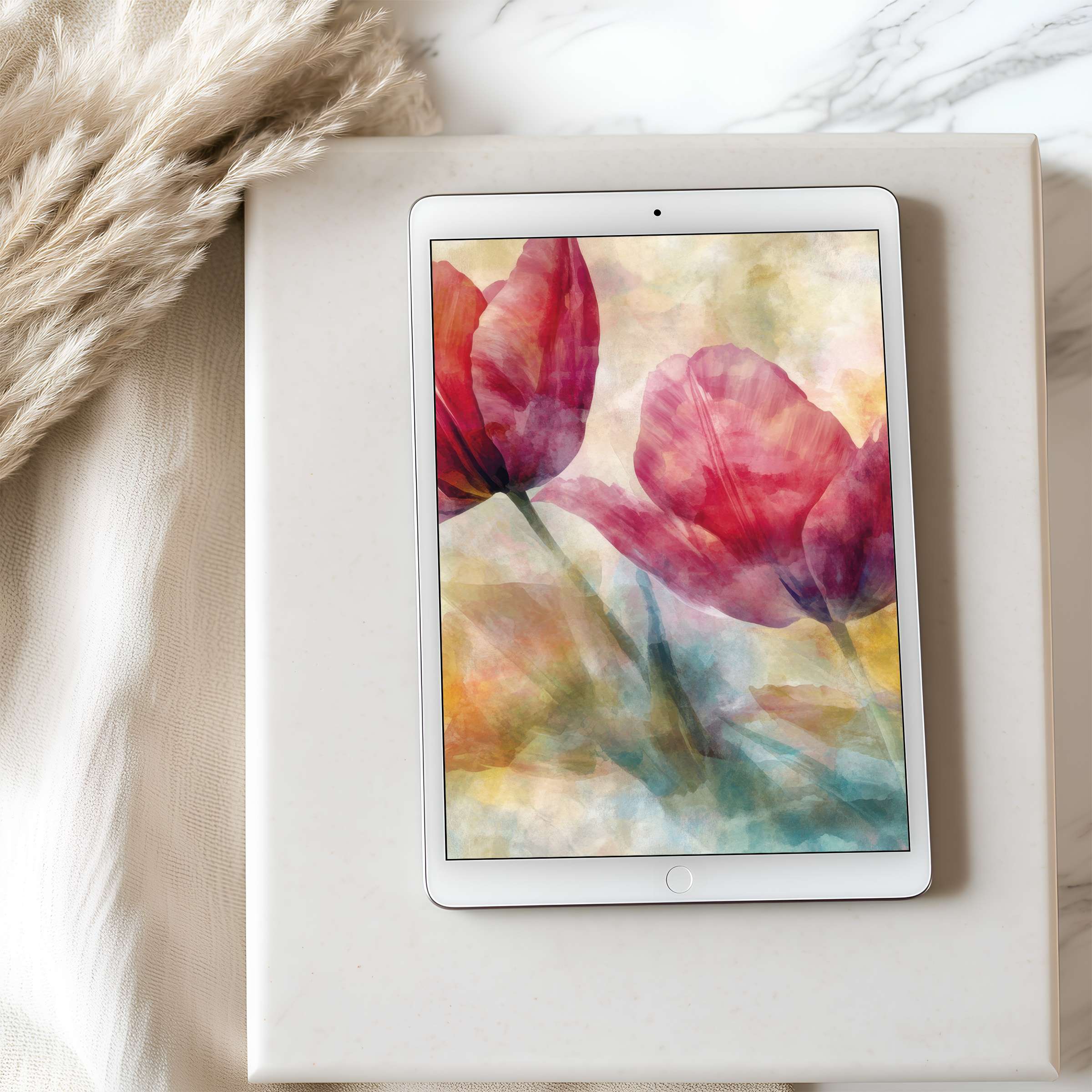 Serene watercolor tulip tablet wallpaper for iPad, high resolution digital download—infuse elegance and calm into your space