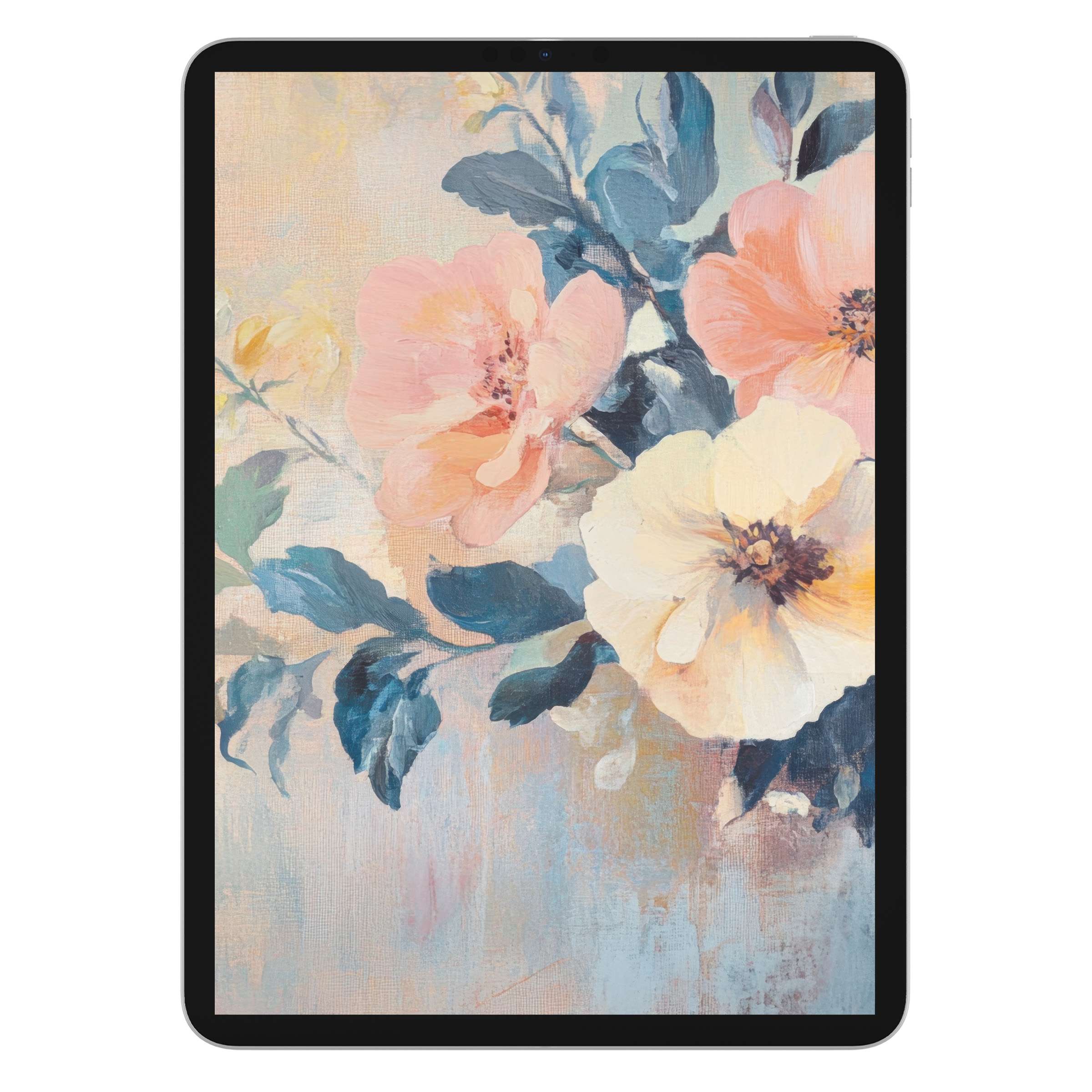 Elegant floral iPad wallpaper digital download with soft pastels, perfect tablet background for calming artistic sustainability