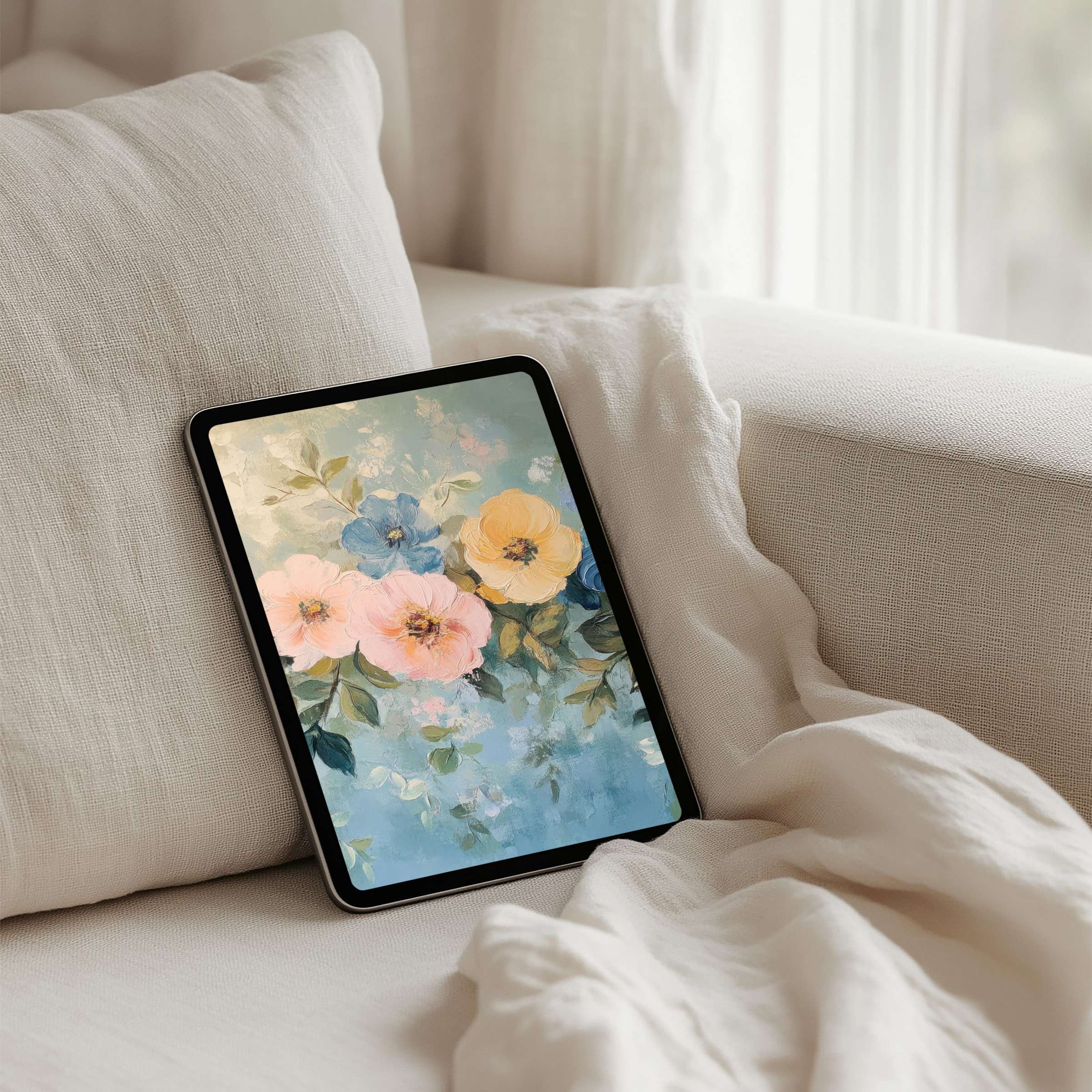 Elegant watercolor floral iPad background for tablets offers an instant download, evoking calm and inspiration with pastel tones