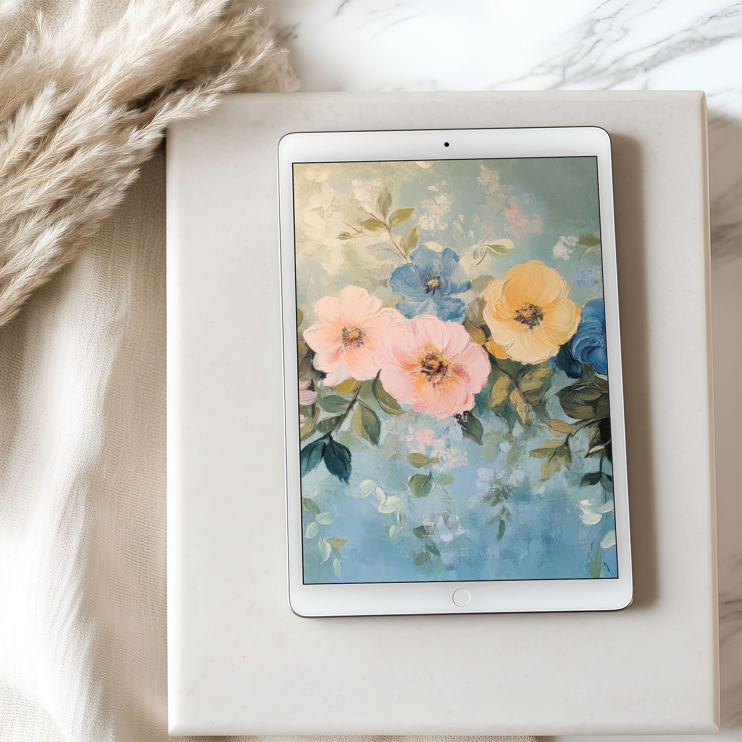 Elegant floral tablet wallpaper in soothing pastel hues, curated for high-resolution iPad and Android, ideal for serene digital downloads