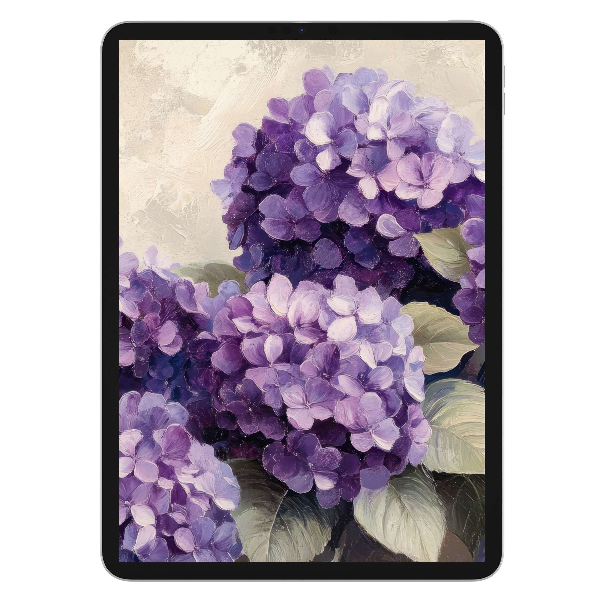 Elegant floral iPad wallpaper with purple hydrangeas, digital download for serene tablet background, eco-friendly art style