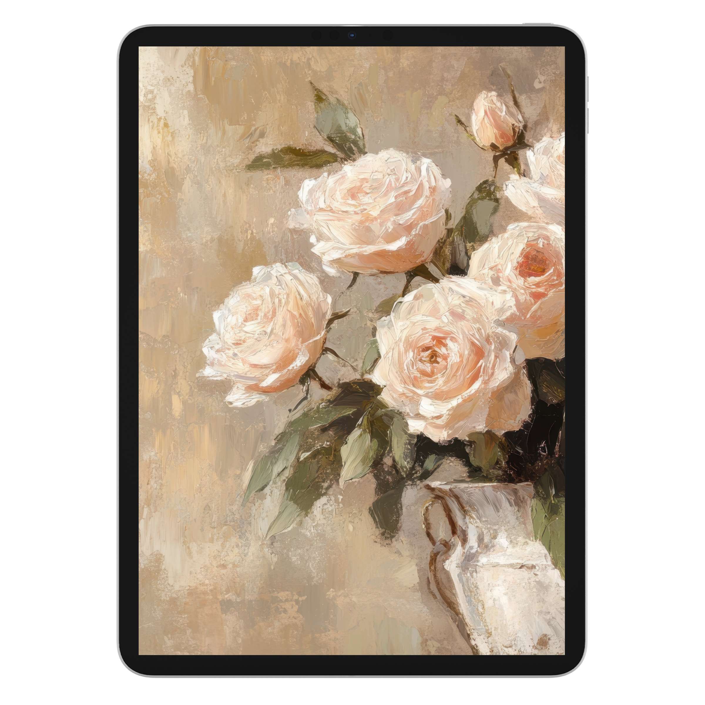 Elegant floral iPad wallpaper featuring soft pink roses on textured beige background digital download for tablet elegance and calm
