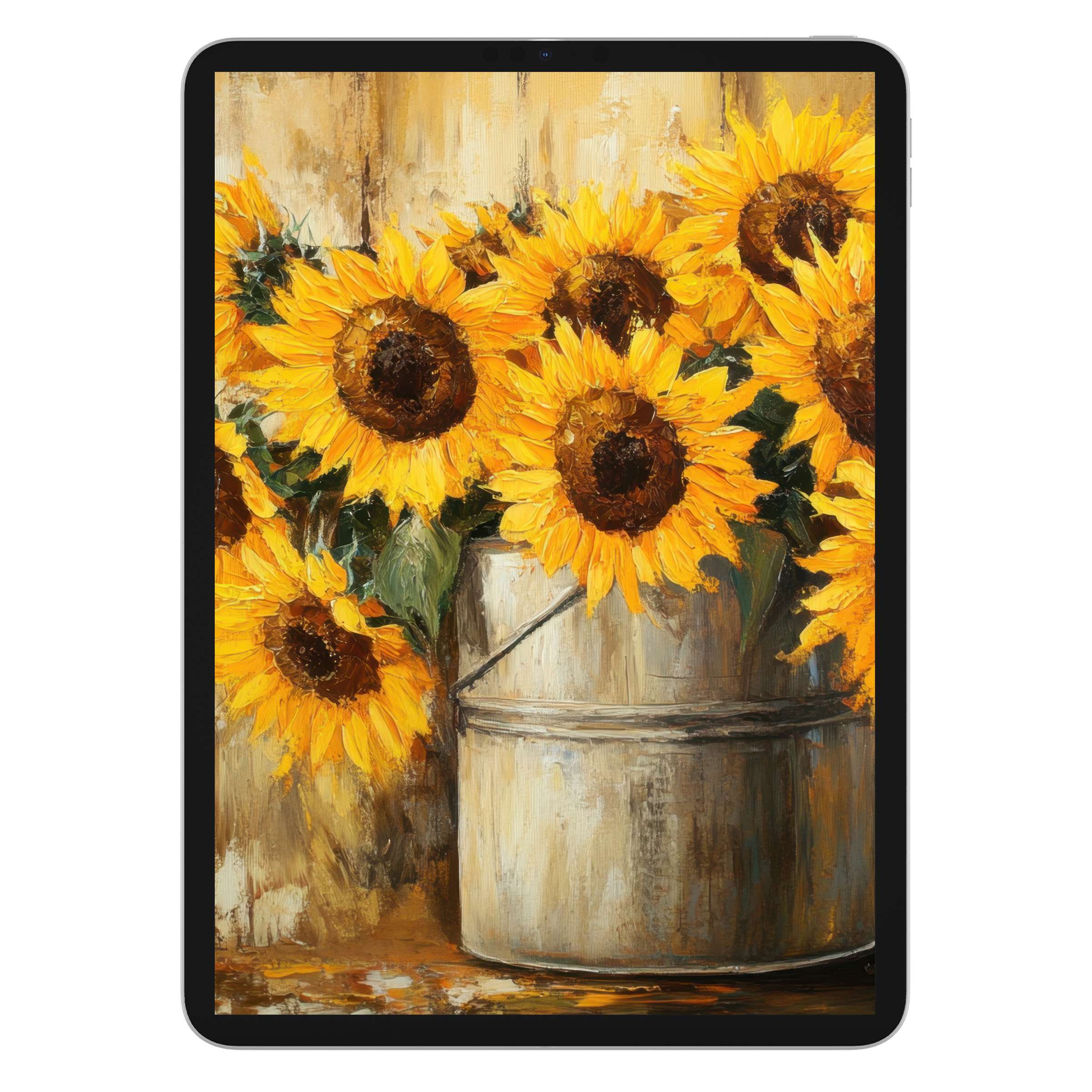 Vibrant sunflower painting as floral iPad wallpaper offers calming digital download for tablet background enhancing artistic aesthetics