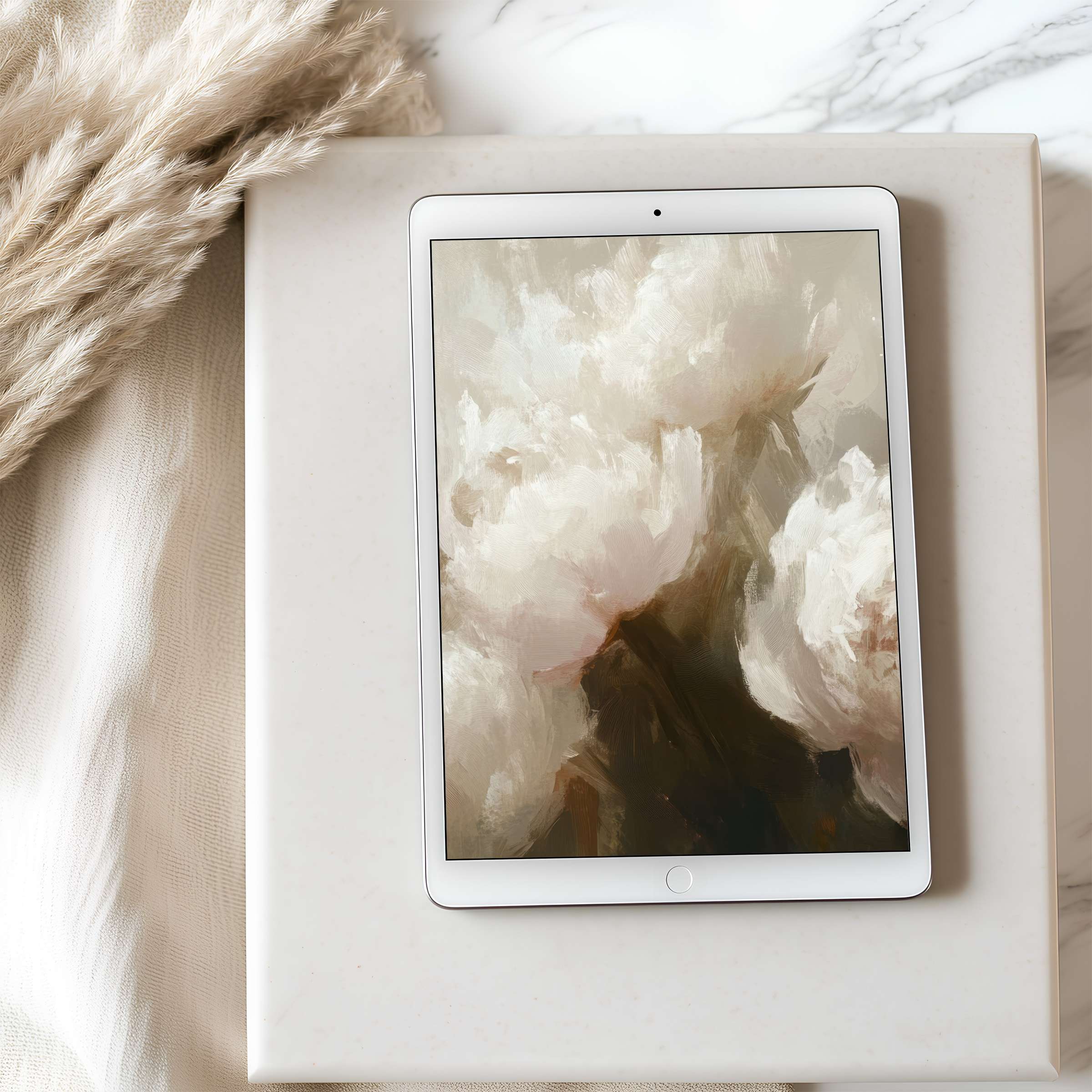 Elegant abstract peony design on tablet wallpaper blends soft neutrals with floral brushstrokes ideal for iPad or Android download