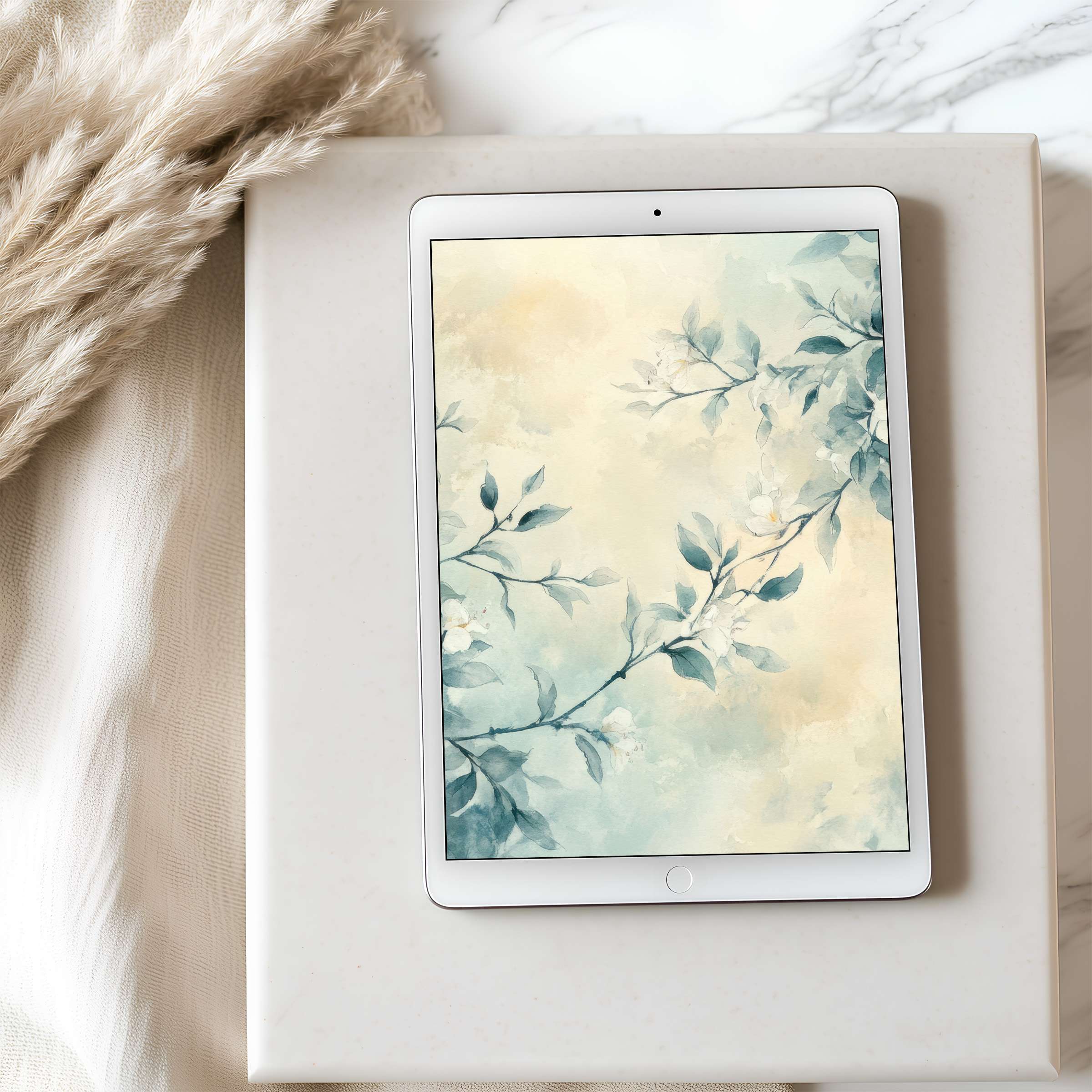 Elegant tablet wallpaper featuring soft botanical art in serene blues and creams, perfect for high resolution iPad and Android tablets