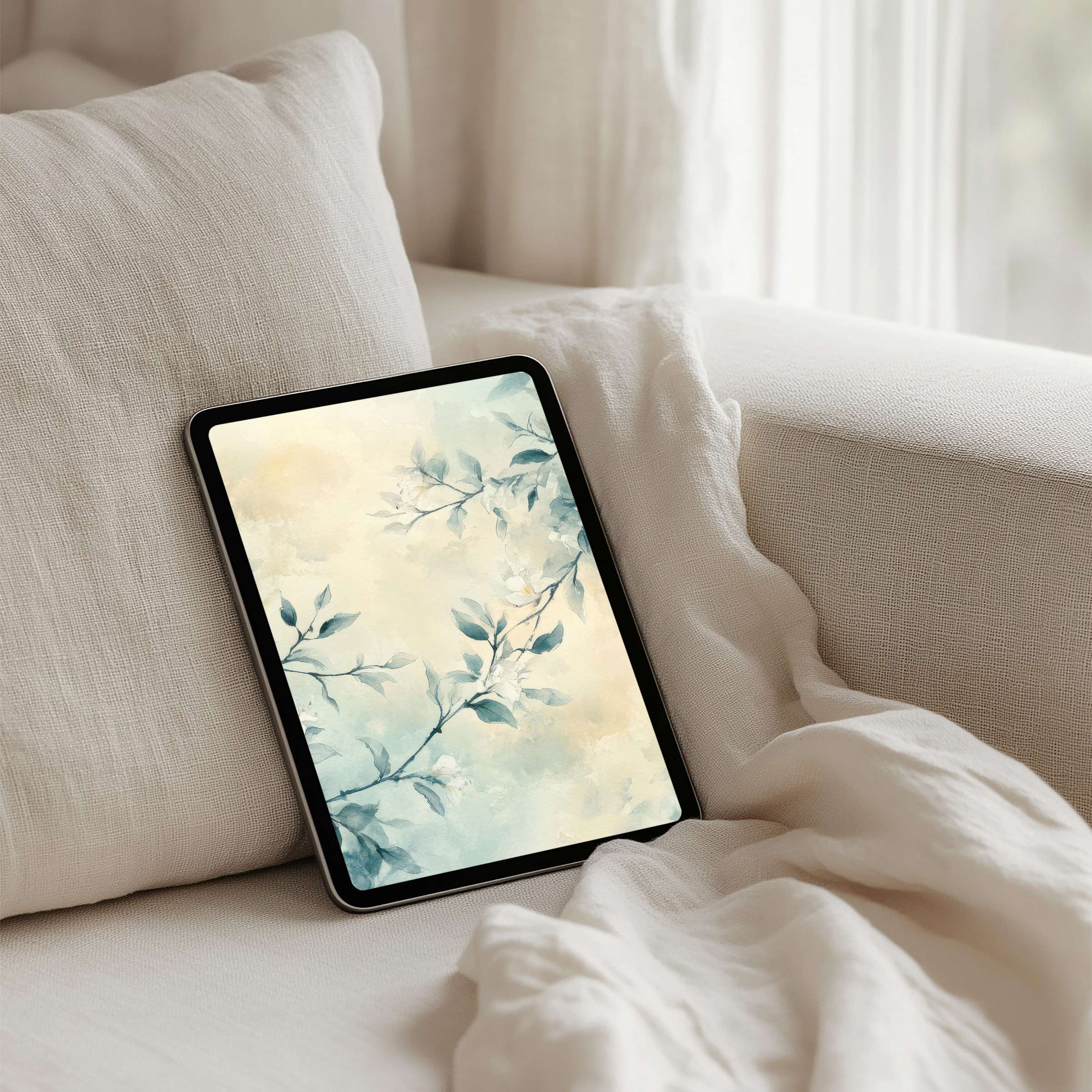 Elegant watercolor branches form a serene iPad background for instant download, perfect for any tablet to inspire calm mindfulness