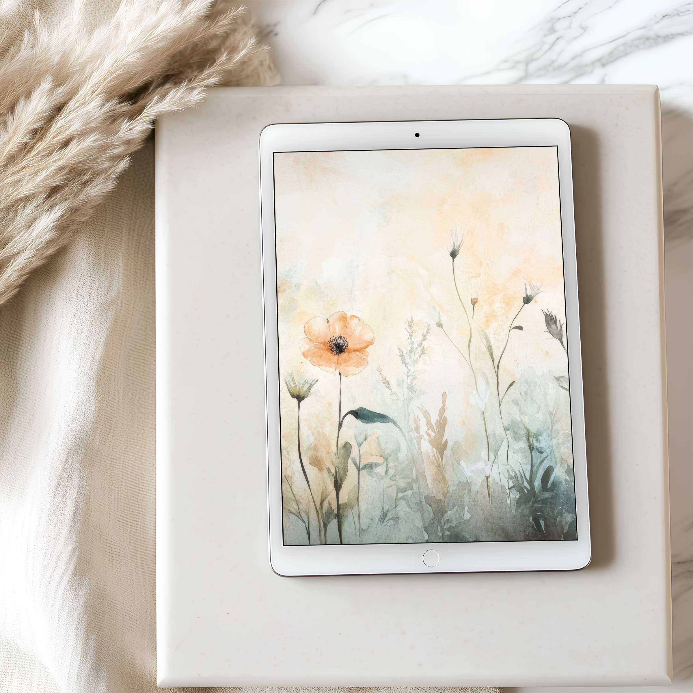 Delicate floral watercolor tablet wallpaper in soft tones graces an iPad, ideal for high-resolution digital downloads and serene decor