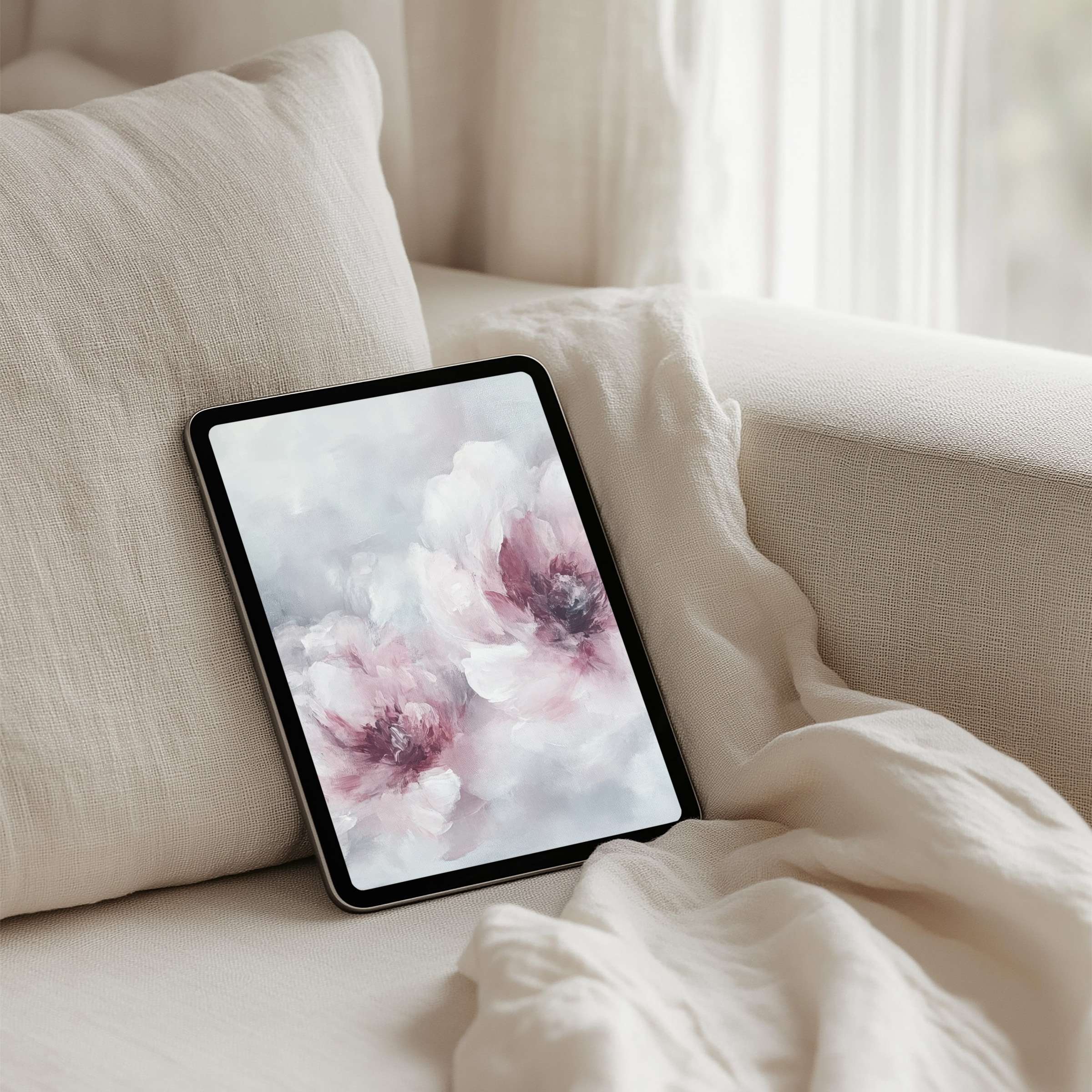 Elegant floral iPad background for instant download brings calm to your tablet with soft pinks and whites, perfect for mindful design