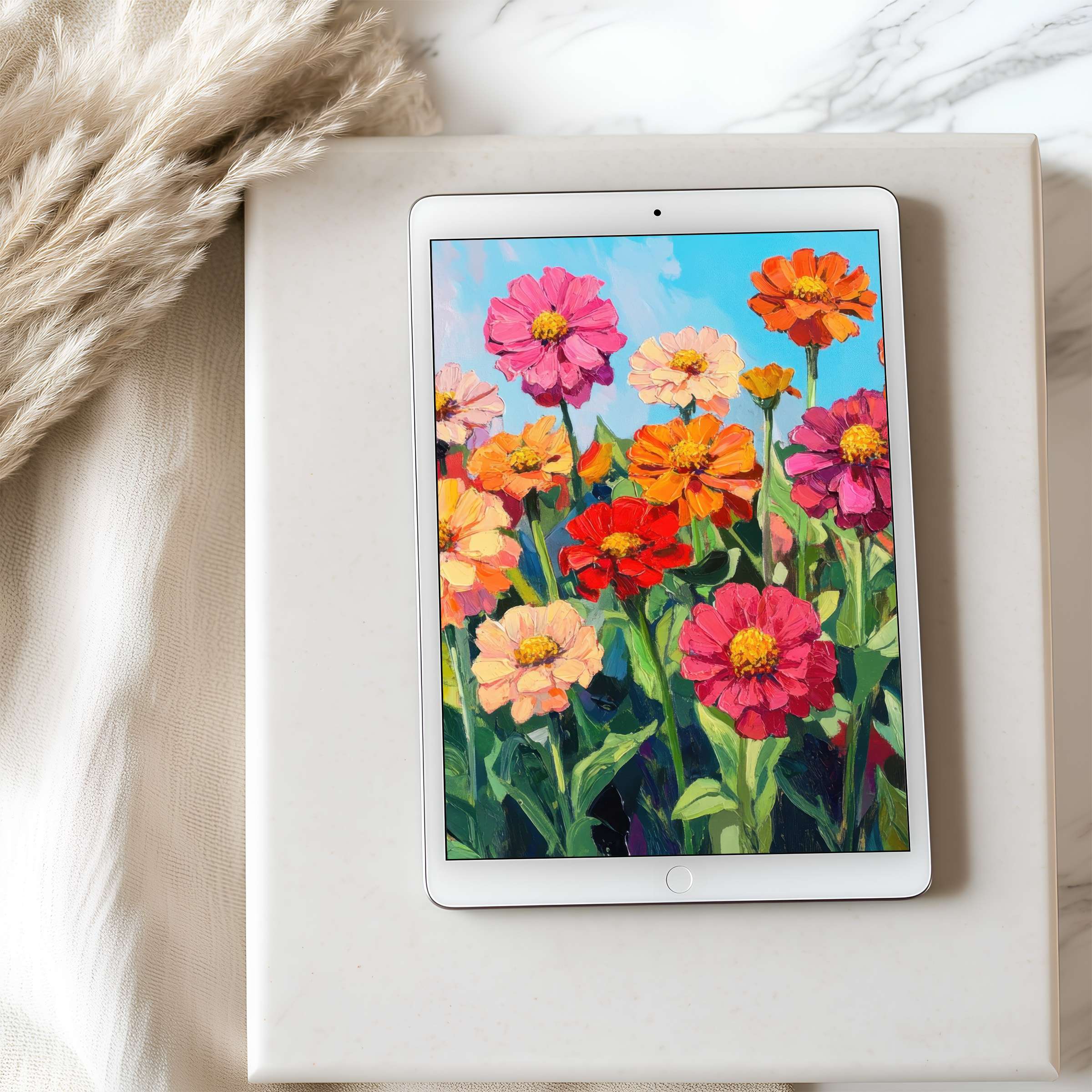 Vibrant floral art tablet wallpaper in high resolution offers a serene ambiance perfect for iPad and Android digital downloads
