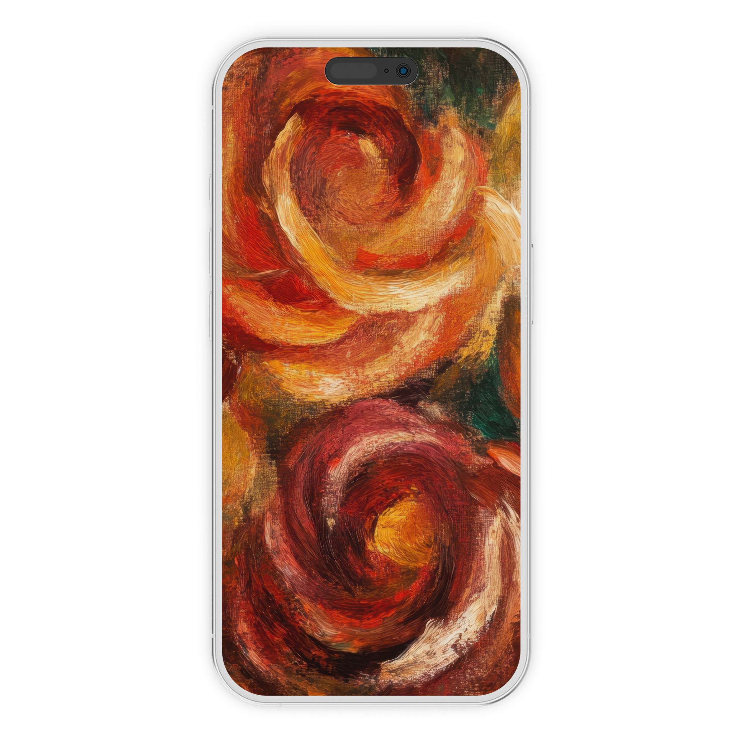 Vibrant floral iPhone wallpaper with swirling red, orange abstract blossoms offers a calming phone background, perfect for digital download