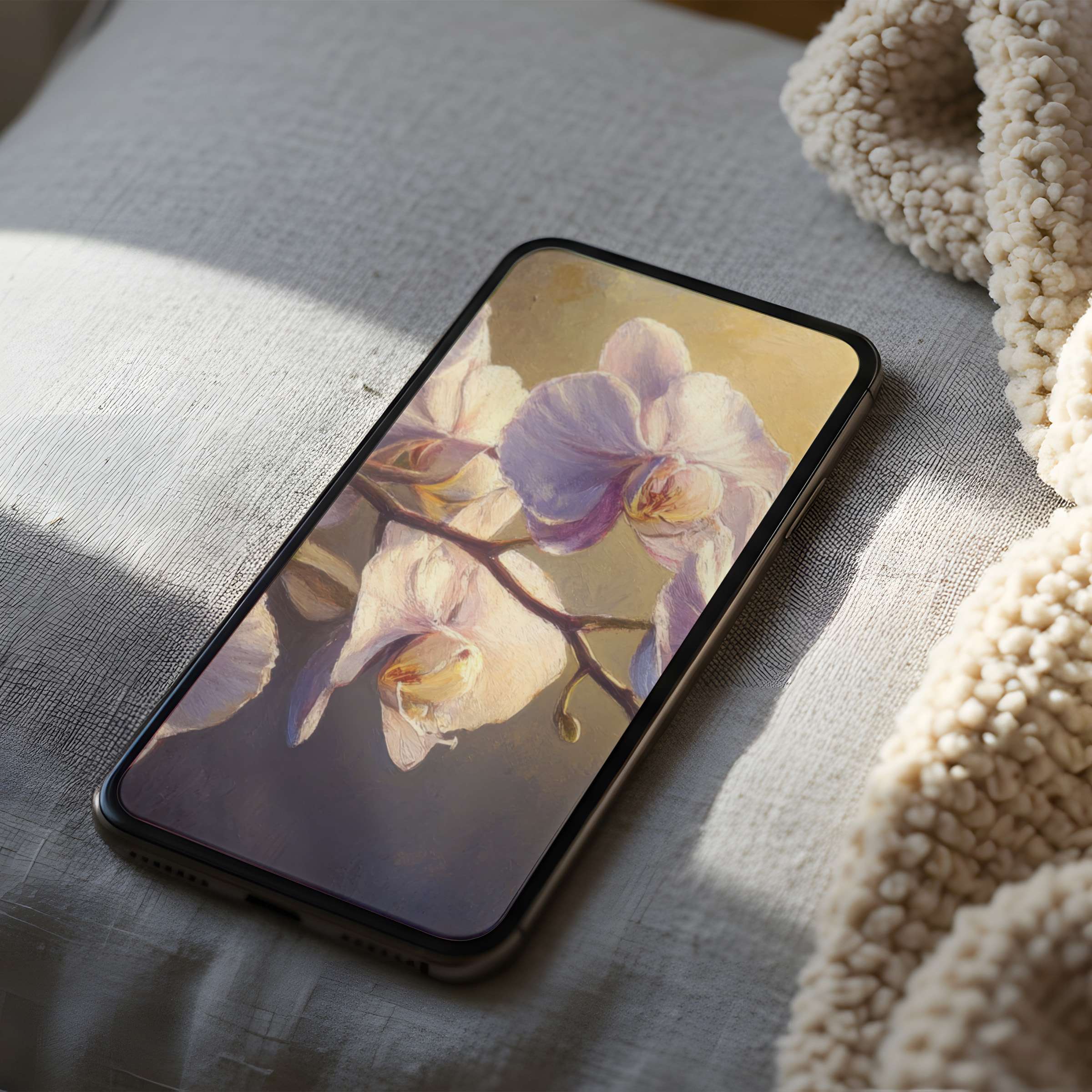 Serene phone wallpaper featuring elegant orchid blooms in soft pastels, ideal for iPhone and Android high-resolution digital download